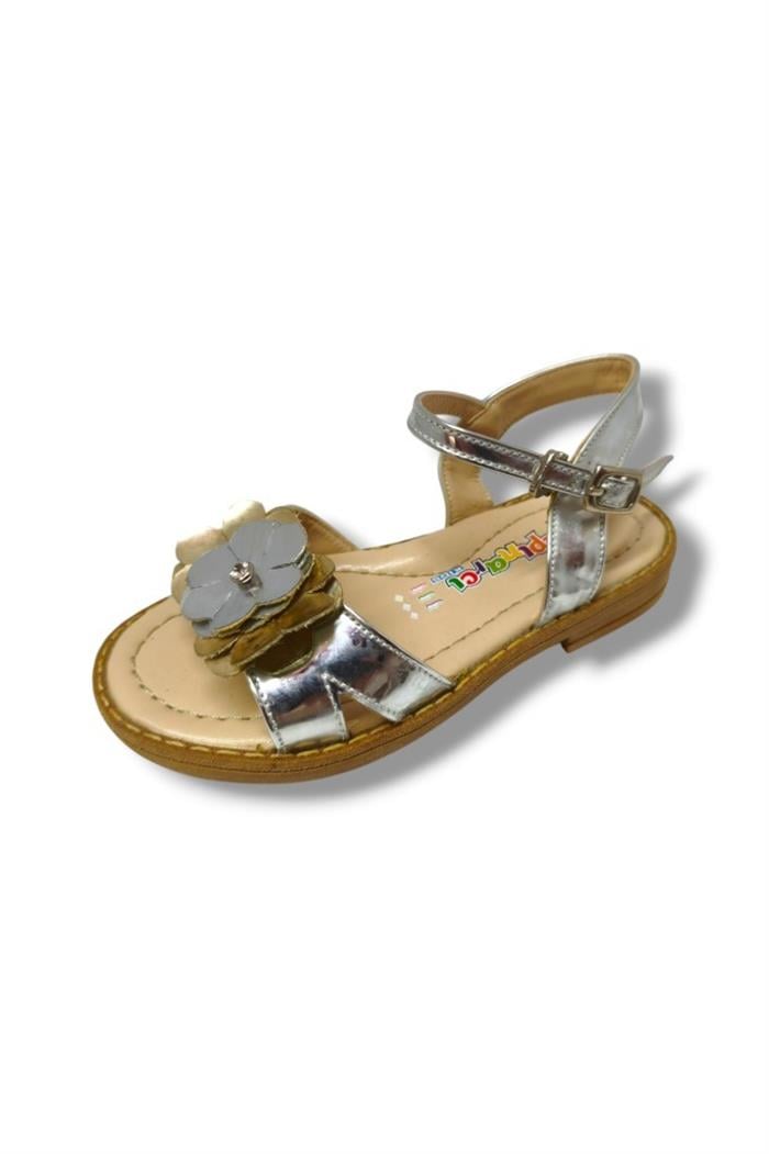 Özpinarci 3043-20 Orta Çiçekli Kız Çocuk Sandalet Gümüş Altın 21-25