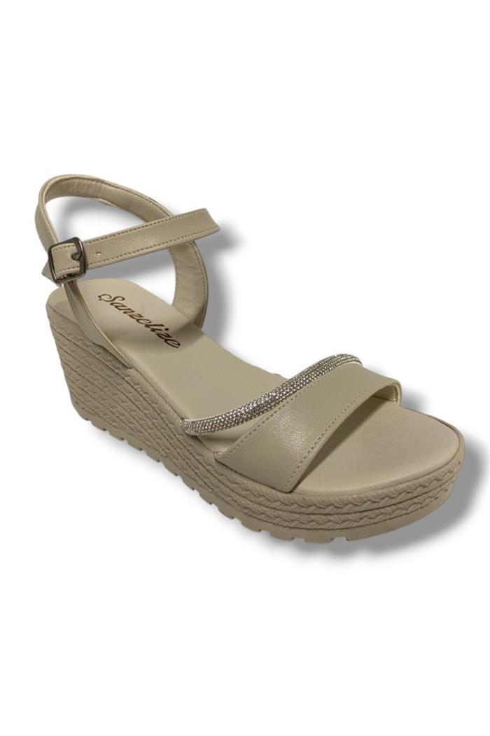 Şanzelize K303-25 Deri Taşlı Dolgu Topuk Kadın Sandalet