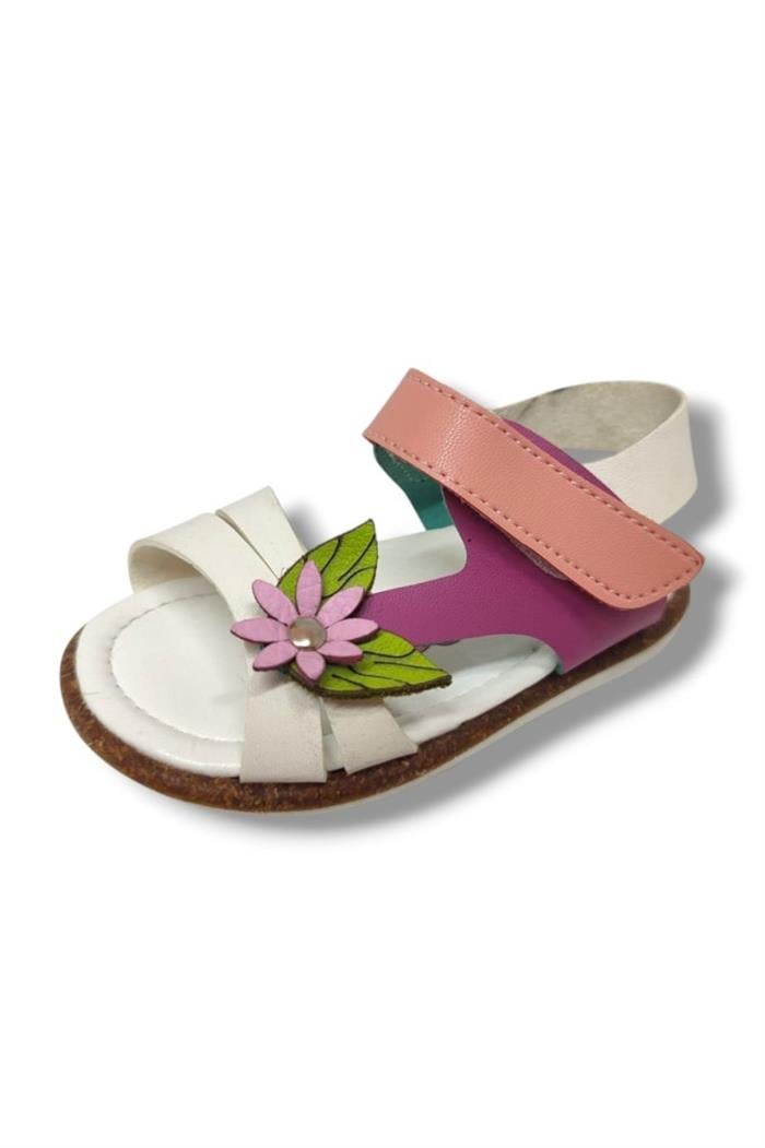 Şirinbebe 1558-20 Anatomik Tek Cirtli Yaprak Çicekli Kız Çocuk Sandalet Beyaz Pembe 21-25