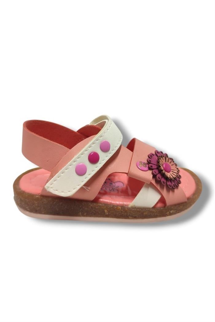 Şirinbebe 1694-20 Yan Çiçekli Tek Cırtlı Kız Çocuk Sandalet Pembe Beyaz 21-25