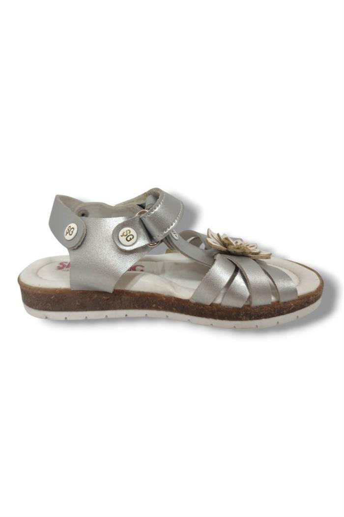 Şiringenç 1555-20 Çapraz Desen Çiçekli Kız Çocuk Sandalet 26-30 Gümüş