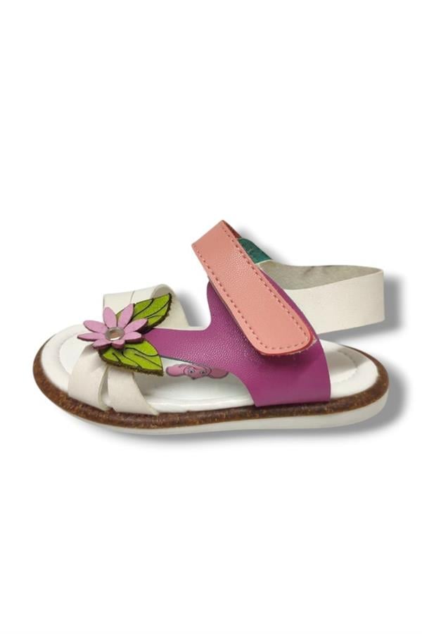 Şirinbebe 1558-20 Anatomik Tek Cirtli Yaprak Çicekli Kız Çocuk Sandalet Beyaz Pembe 21-25