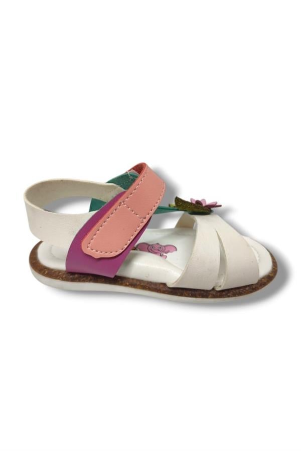 Şirinbebe 1558-20 Anatomik Tek Cirtli Yaprak Çicekli Kız Çocuk Sandalet Beyaz Pembe 21-25