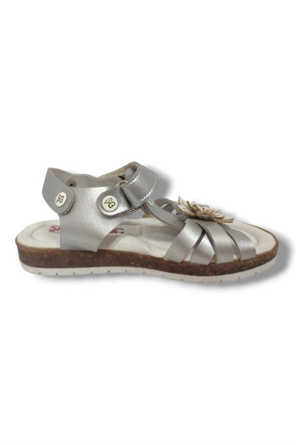 Şiringenç 1555-20 Çapraz Desen Çiçekli Kız Çocuk Sandalet 26-30 Gümüş