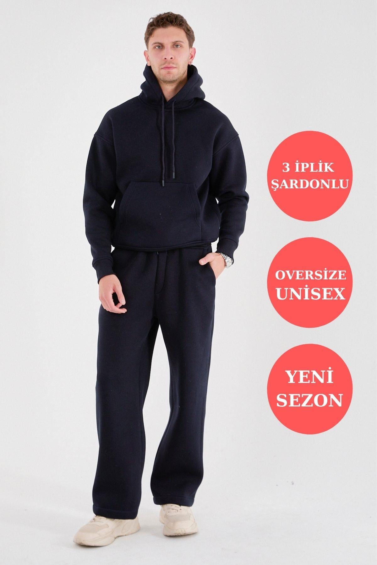 Q-1001 Q-4008 Kapüşonlu Sweat Bel Lastikli Pantolon Üç İplik Şardonlu Takım