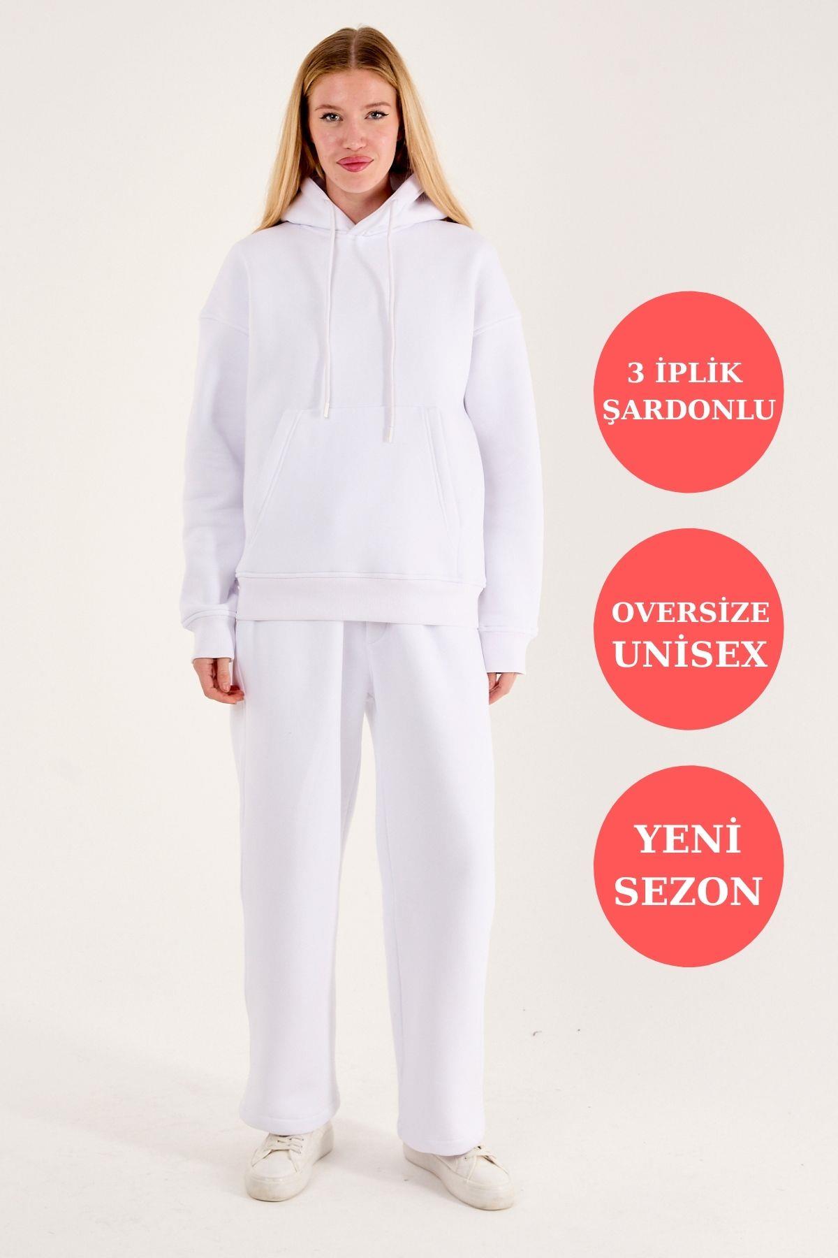 Q-1001 Q-4008 Kapüşonlu Sweat Bel Lastikli Pantolon Üç İplik Şardonlu Takım