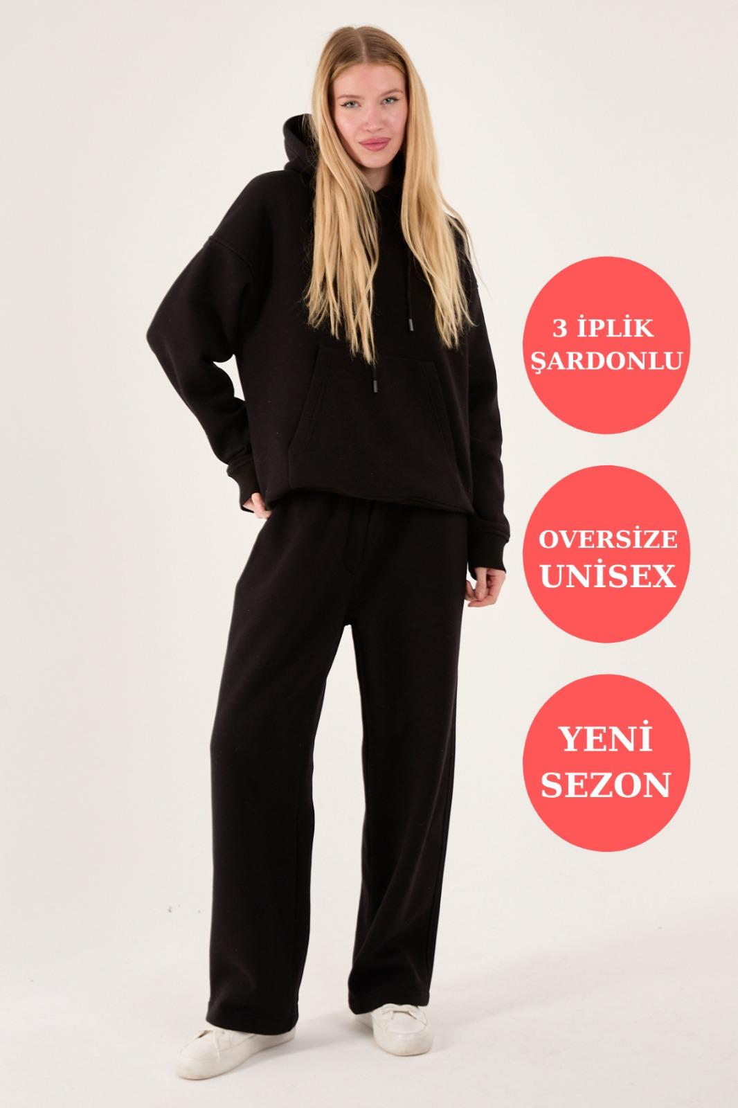 Q-1001 Q-4008 Kapüşonlu Sweat Bel Lastikli Pantolon Üç İplik Şardonlu Takım