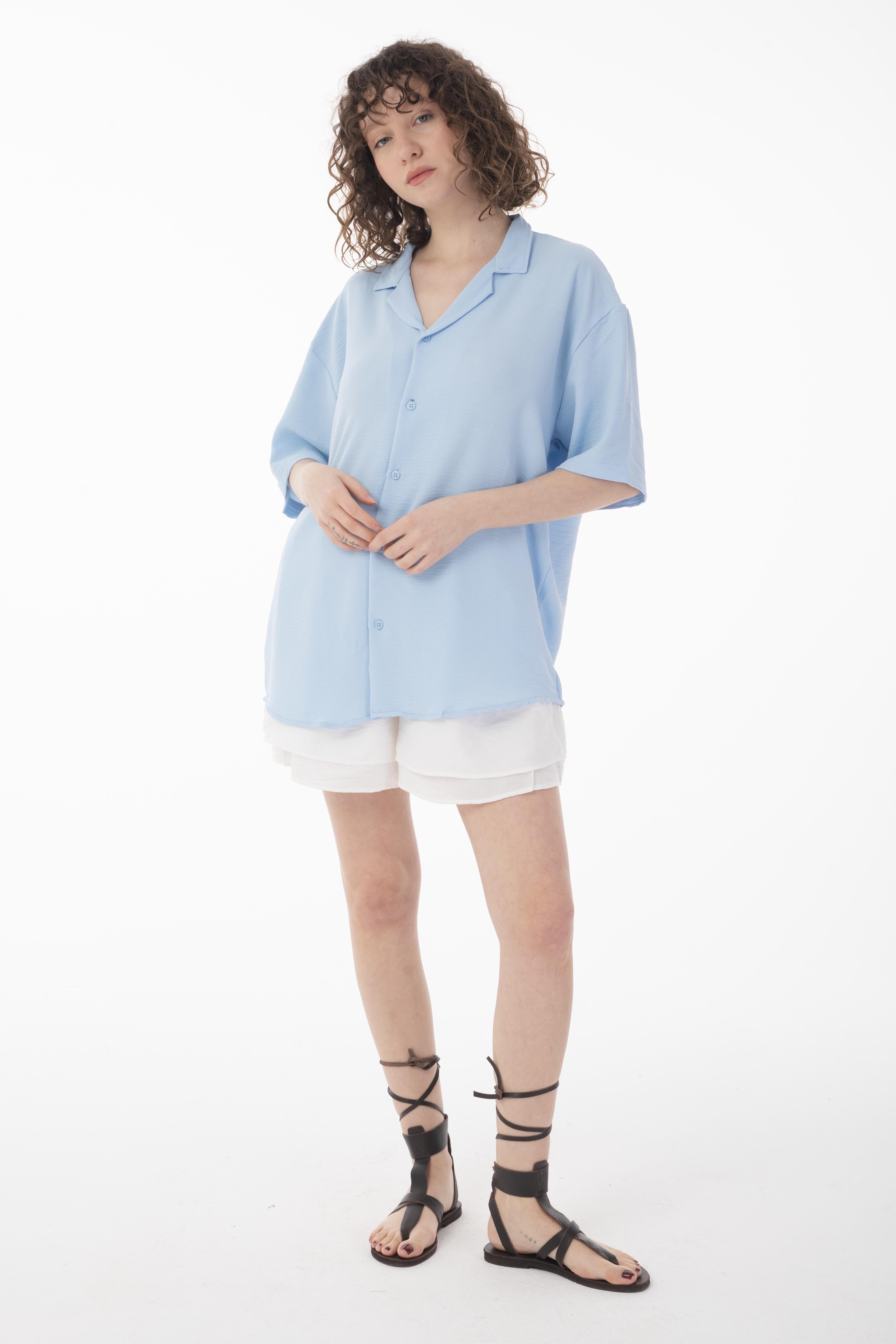 R-3737 Hafif Oversize Apaş Yaka Kısa Kol Ayrobin Gömlek