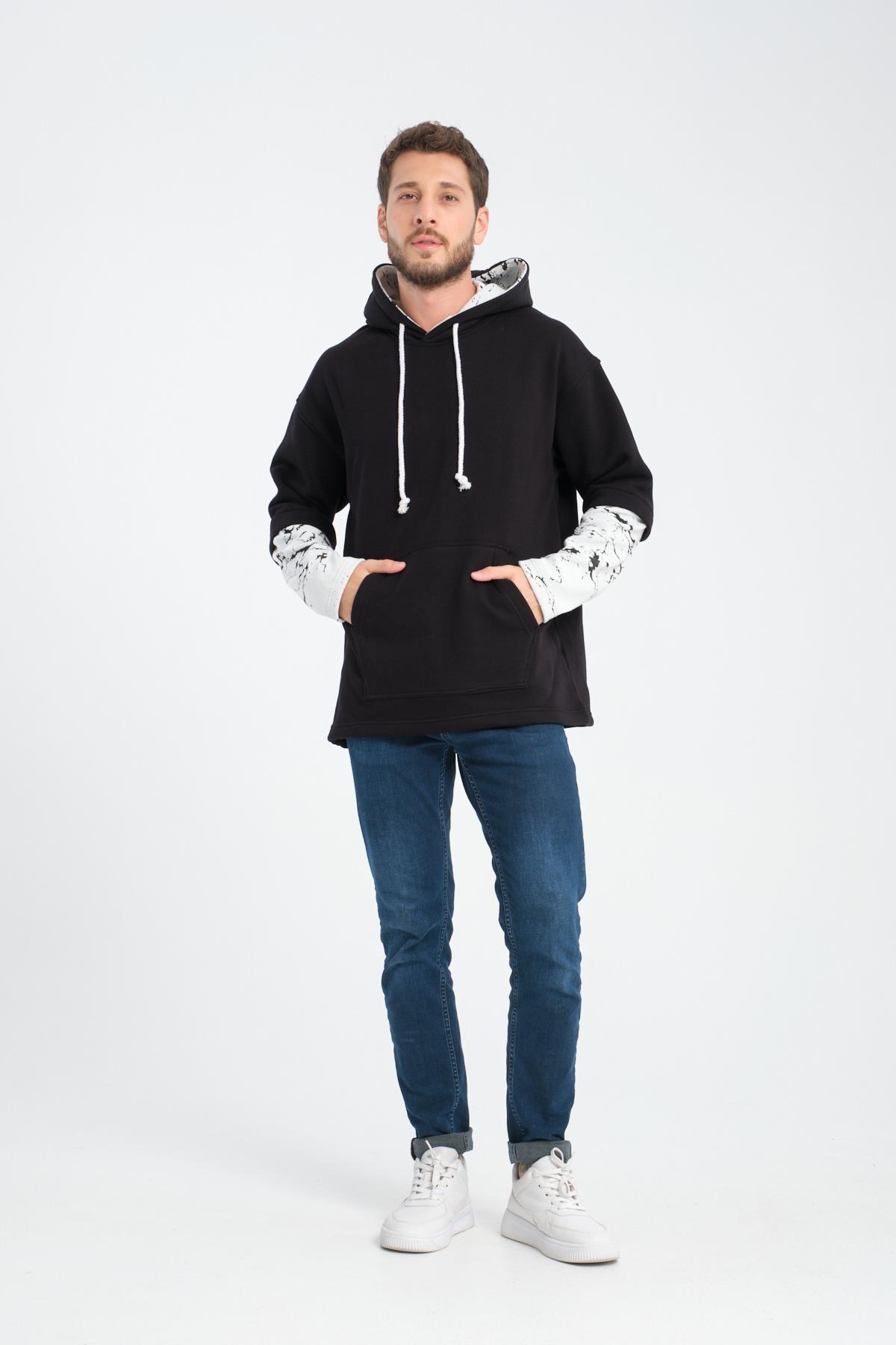R-5845 Kapüşon Ve Kol Garnili 3 İplik Sweat