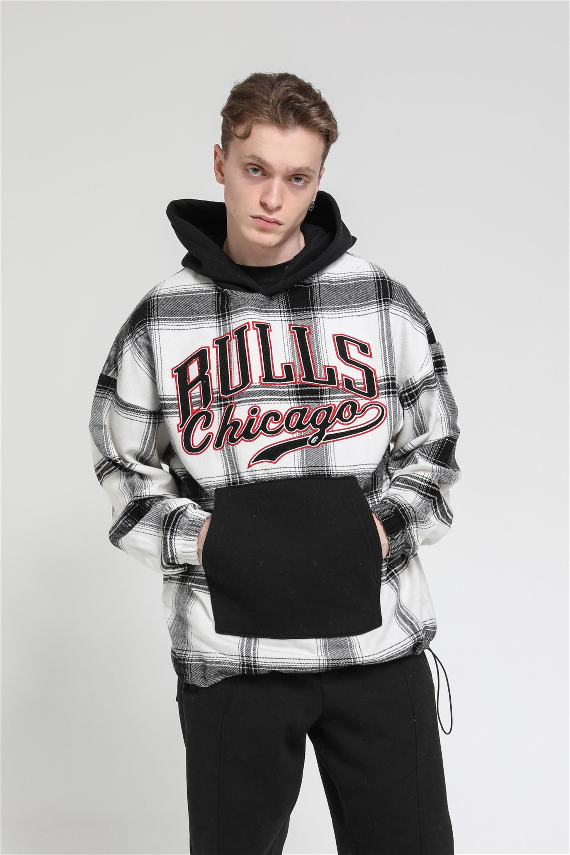 Oversize Ekose Bulls Chicago Kapüşonlu Sweatshirt R-5488