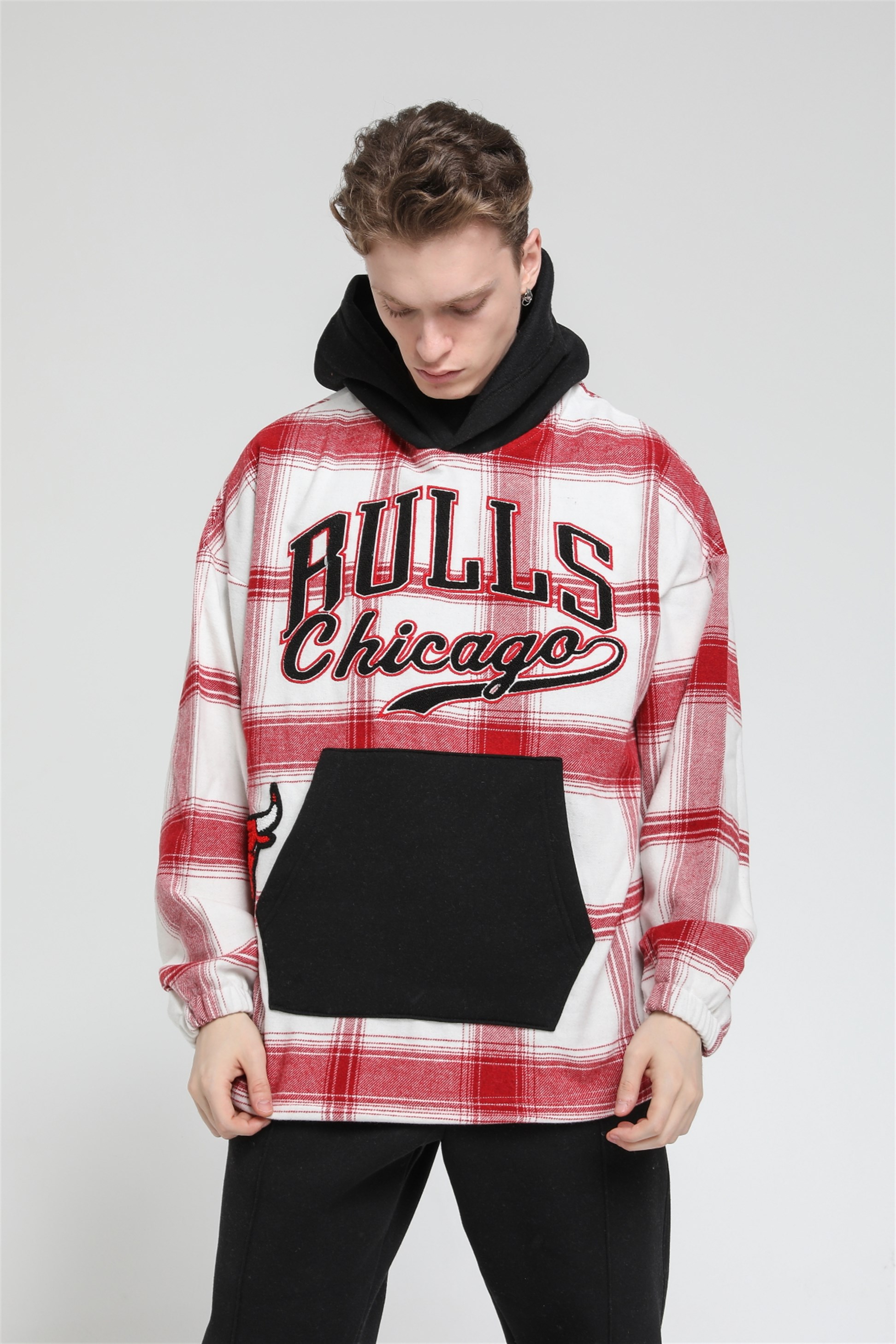 Oversize Ekose Bulls Chicago Kapüşonlu Sweatshirt R-5488
