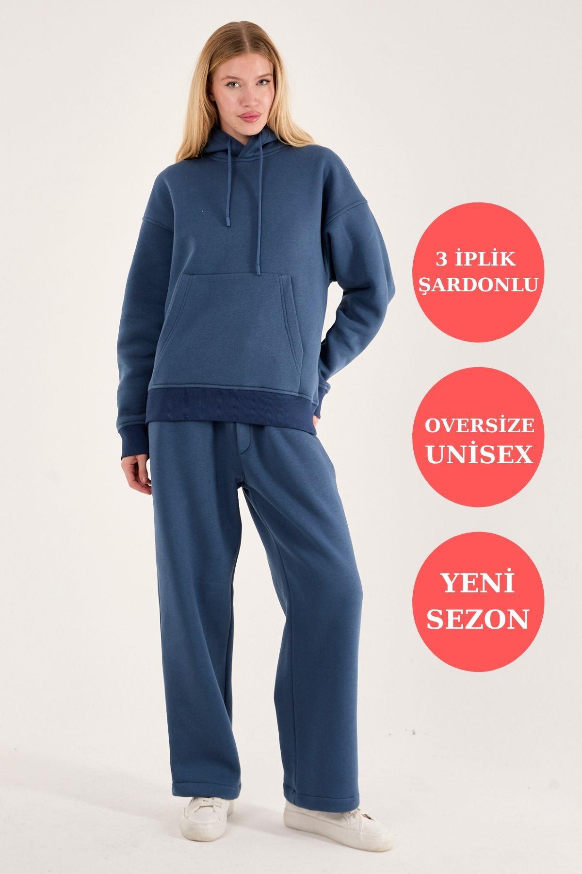 Q-1001 Q-4008 Kapüşonlu Sweat Bel Lastikli Pantolon Üç İplik Şardonlu Takım