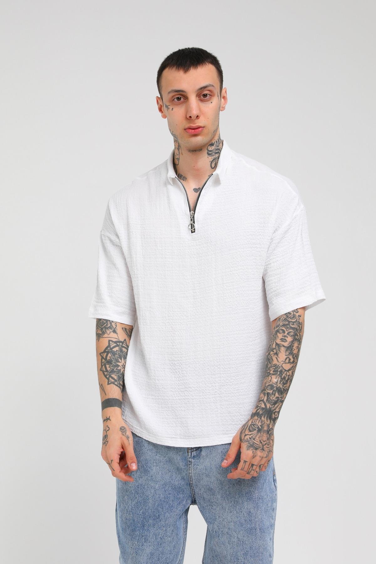 Q-3239 Ön Detayı Yarım Fermuarlı Oversize Gömlek