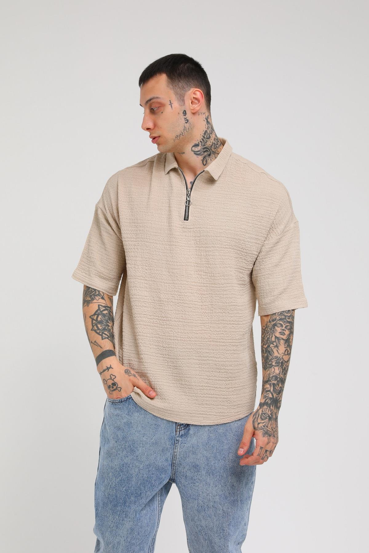 Q-3239 Ön Detayı Yarım Fermuarlı Oversize Gömlek
