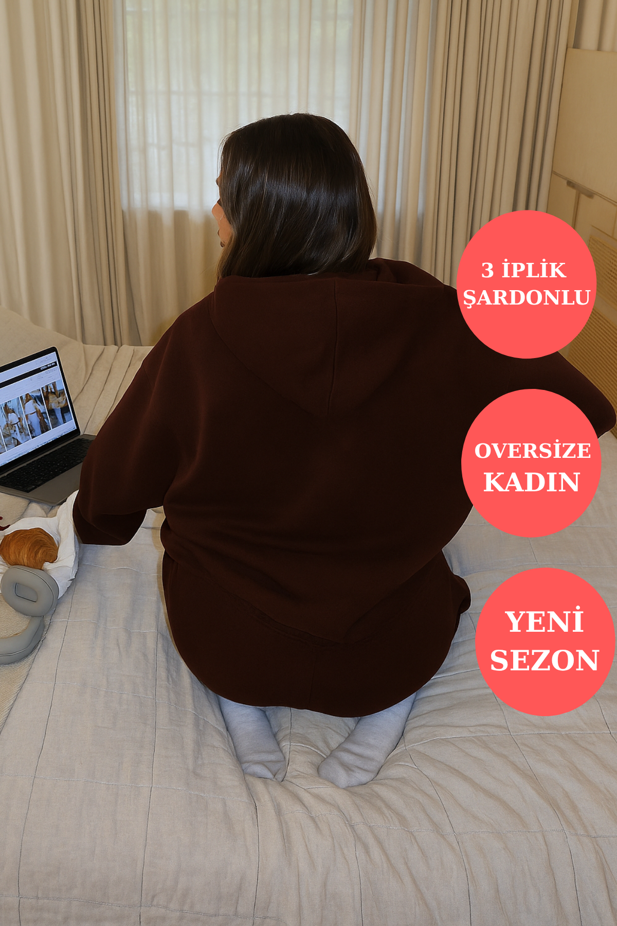 Q-4008 Kapüşonlu Üç İp Şardonlu Sweat