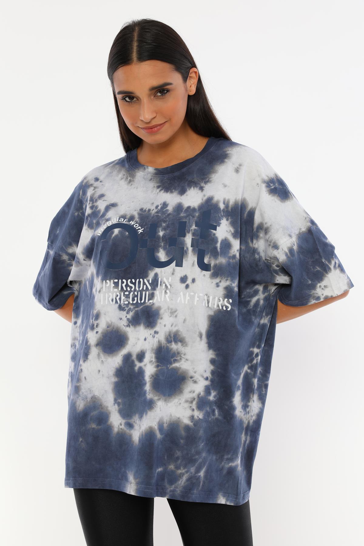 Q-5209 Out Yazı Baskılı Oversize Batik T-shirt