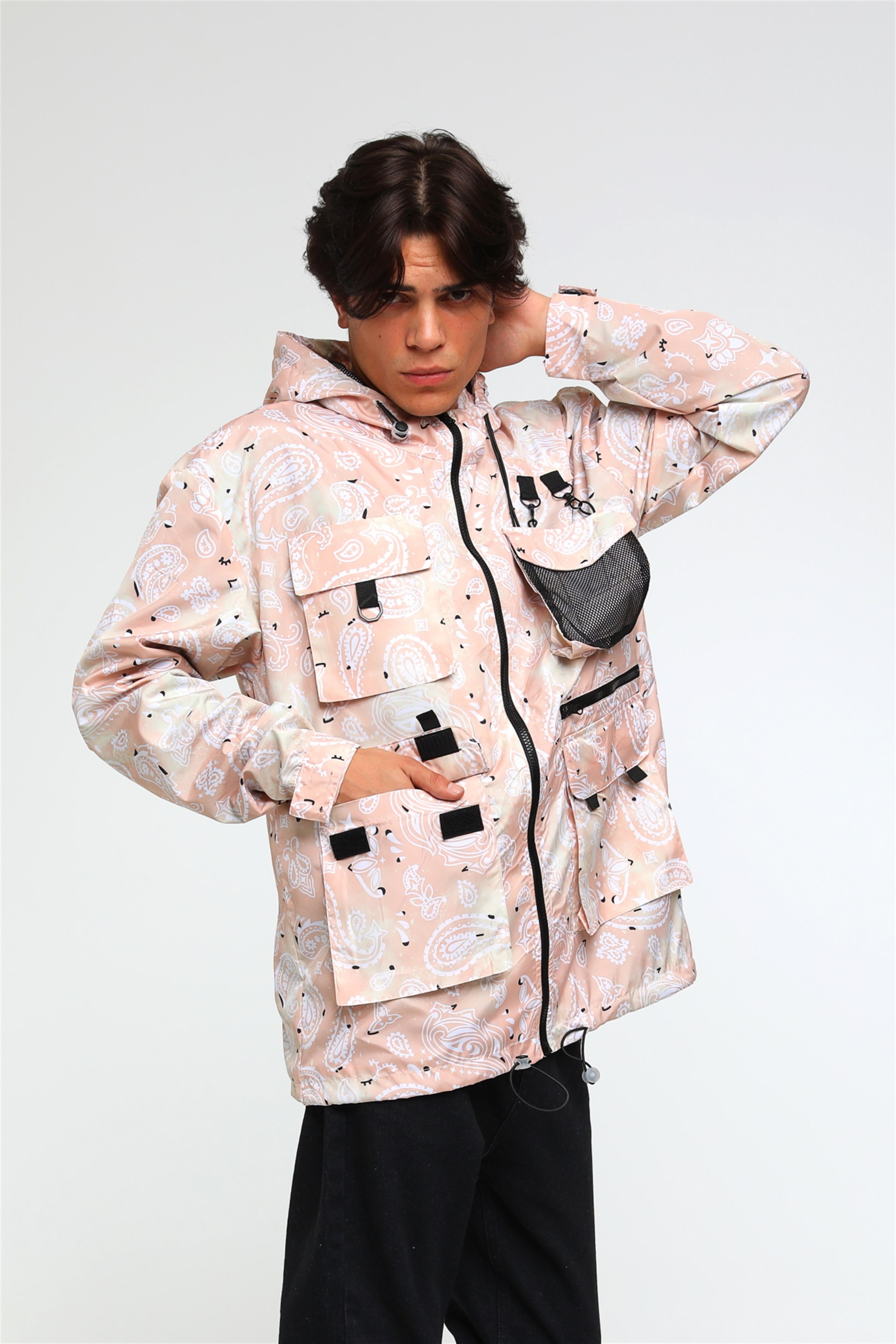 R-2079 Kargo Cepli Şal Desenli Kapüşönlü Rüzgarlık