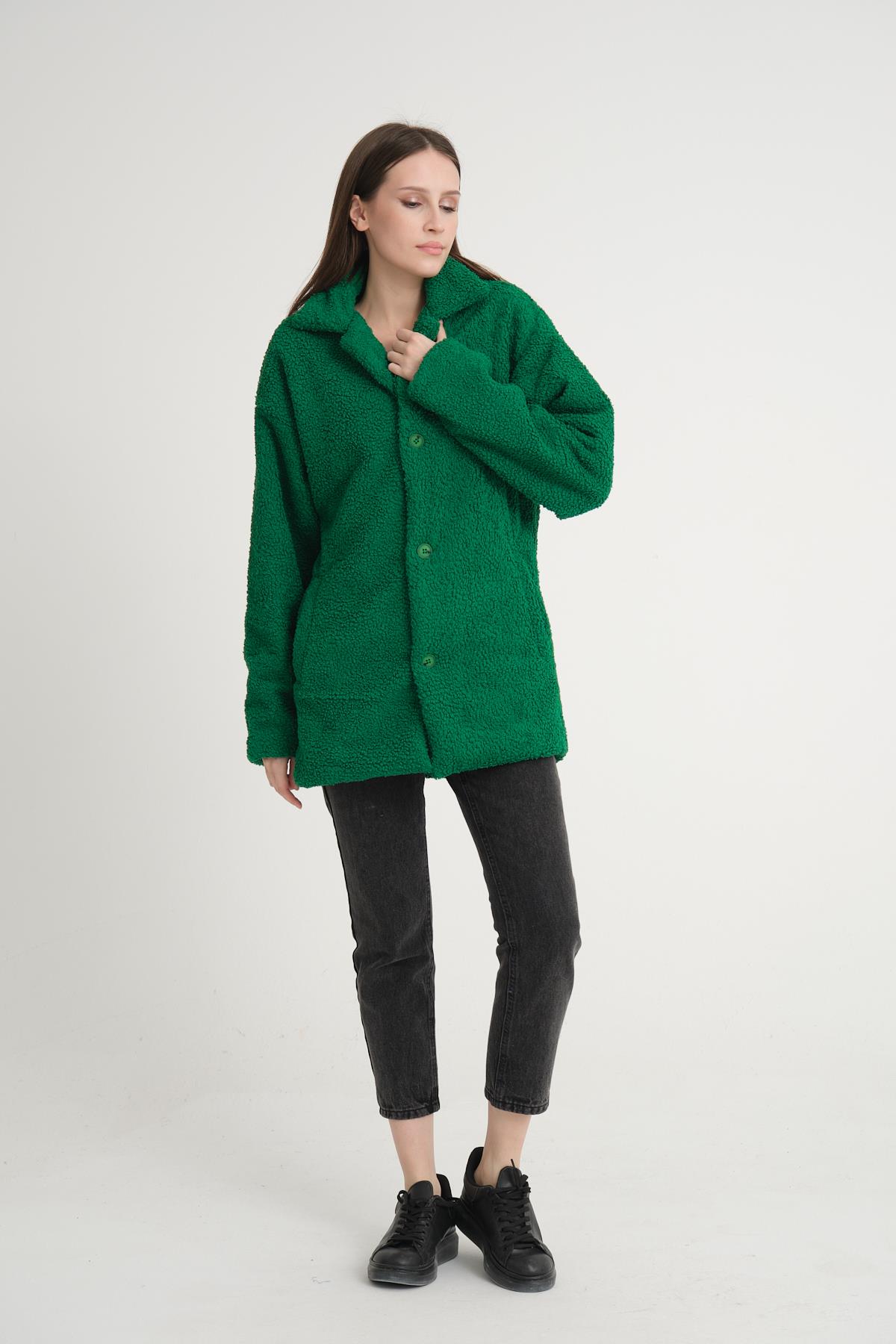 R-2326 Ceket Yaka Astarlı Uzun Peluş Ceket