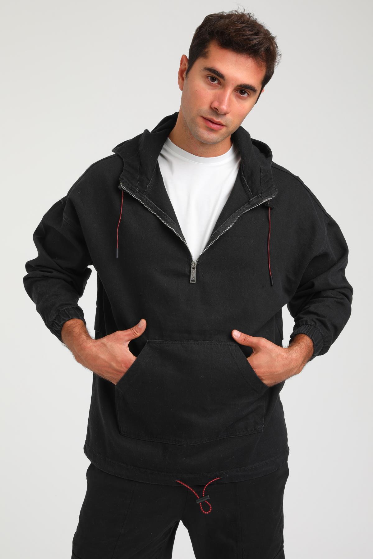R-2339 Erkek Kapüşonlu Yarım Fermuar Detaylı Kot Sweat