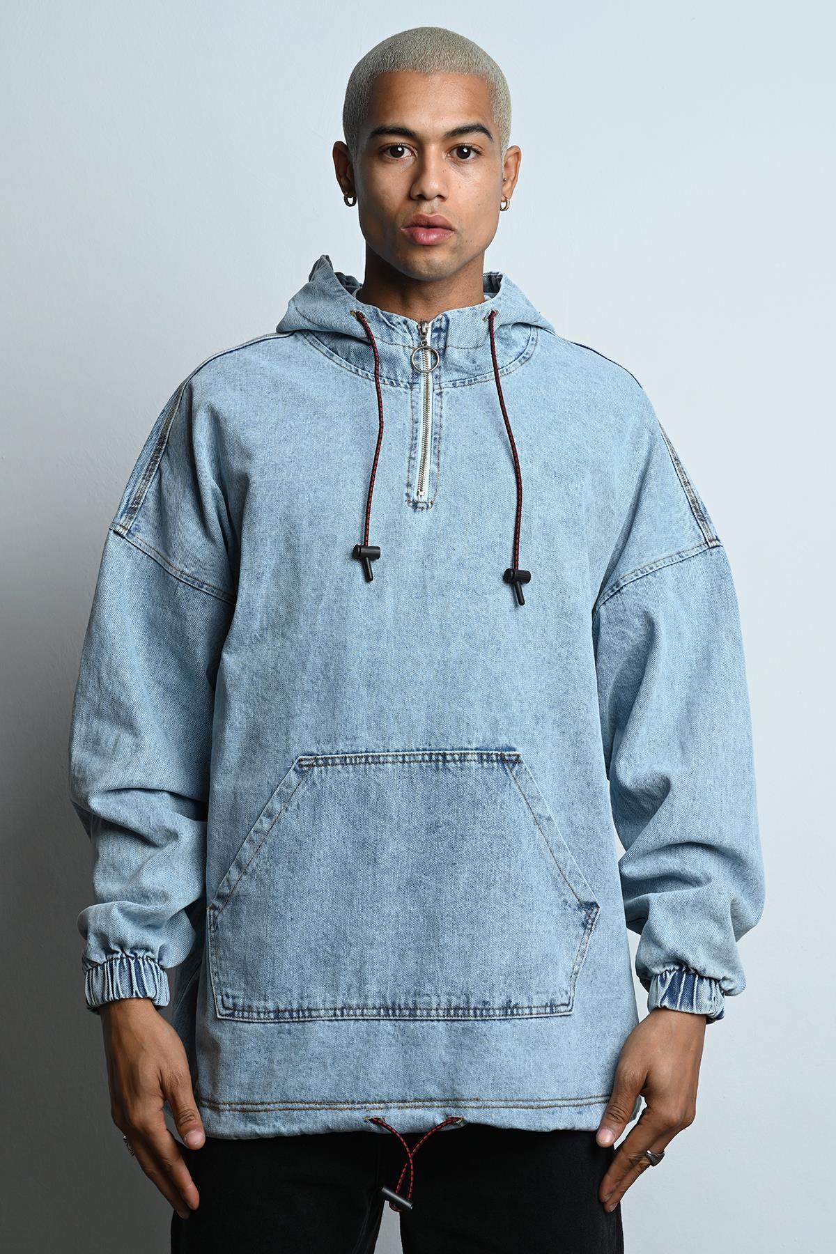 R-2339 Erkek Kapüşonlu Yarım Fermuar Detaylı Kot Sweat