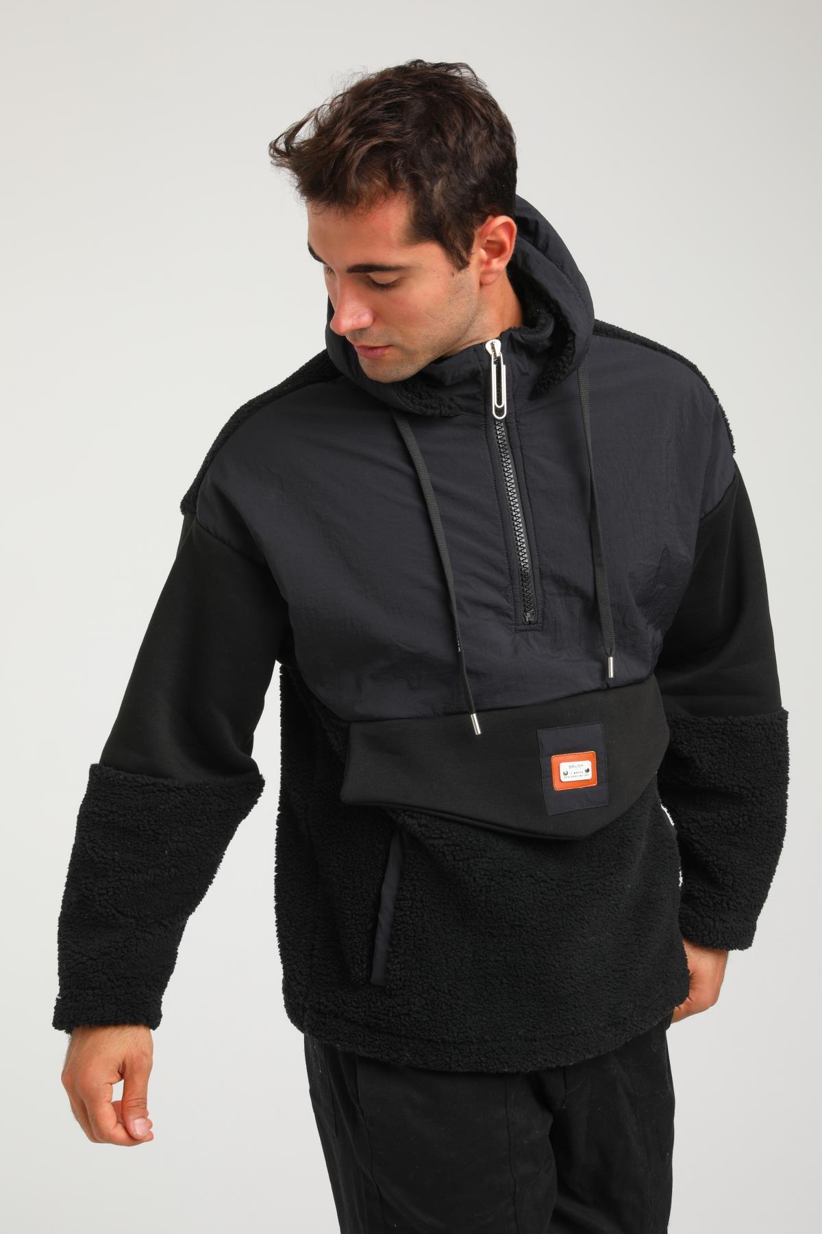 R-2393 Yarım Fermuar Garni Detaylı Kapüşonlu Peluş Sweat