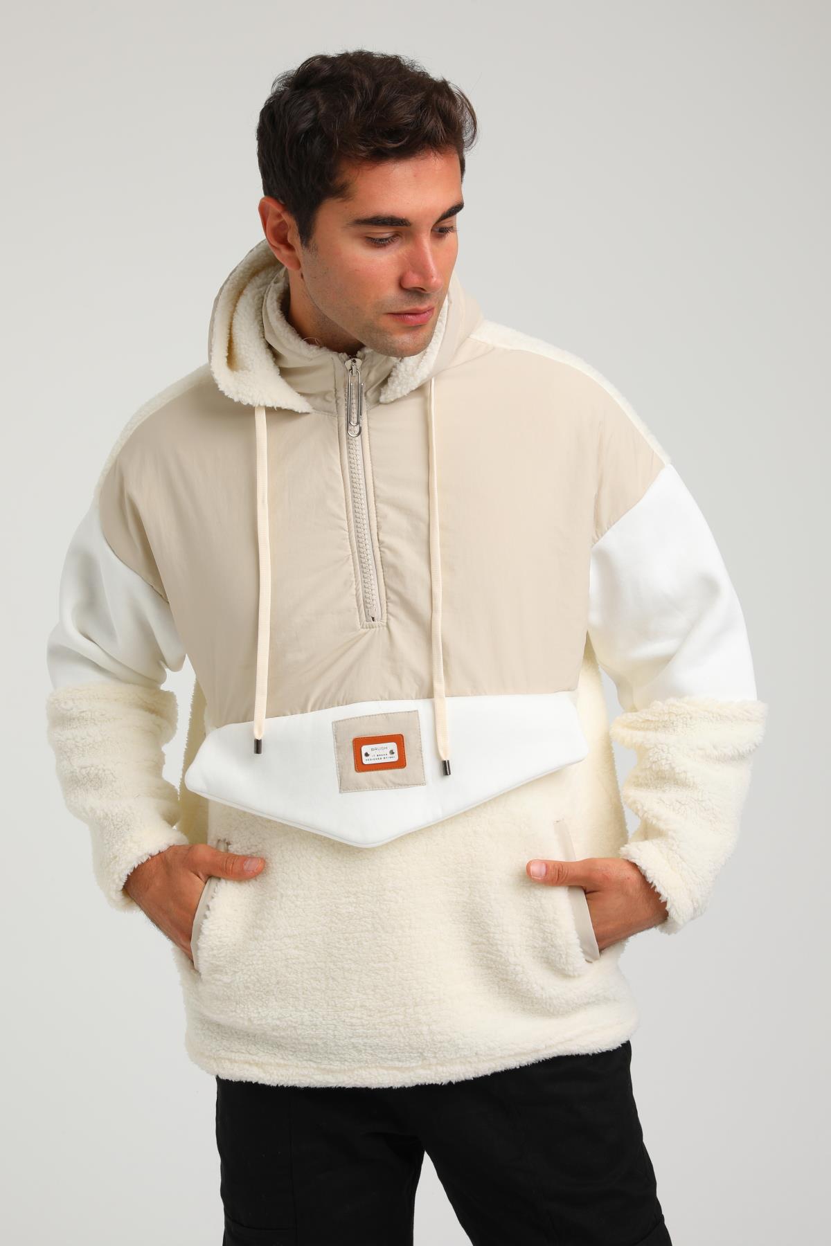 R-2393 Yarım Fermuar Garni Detaylı Kapüşonlu Peluş Sweat