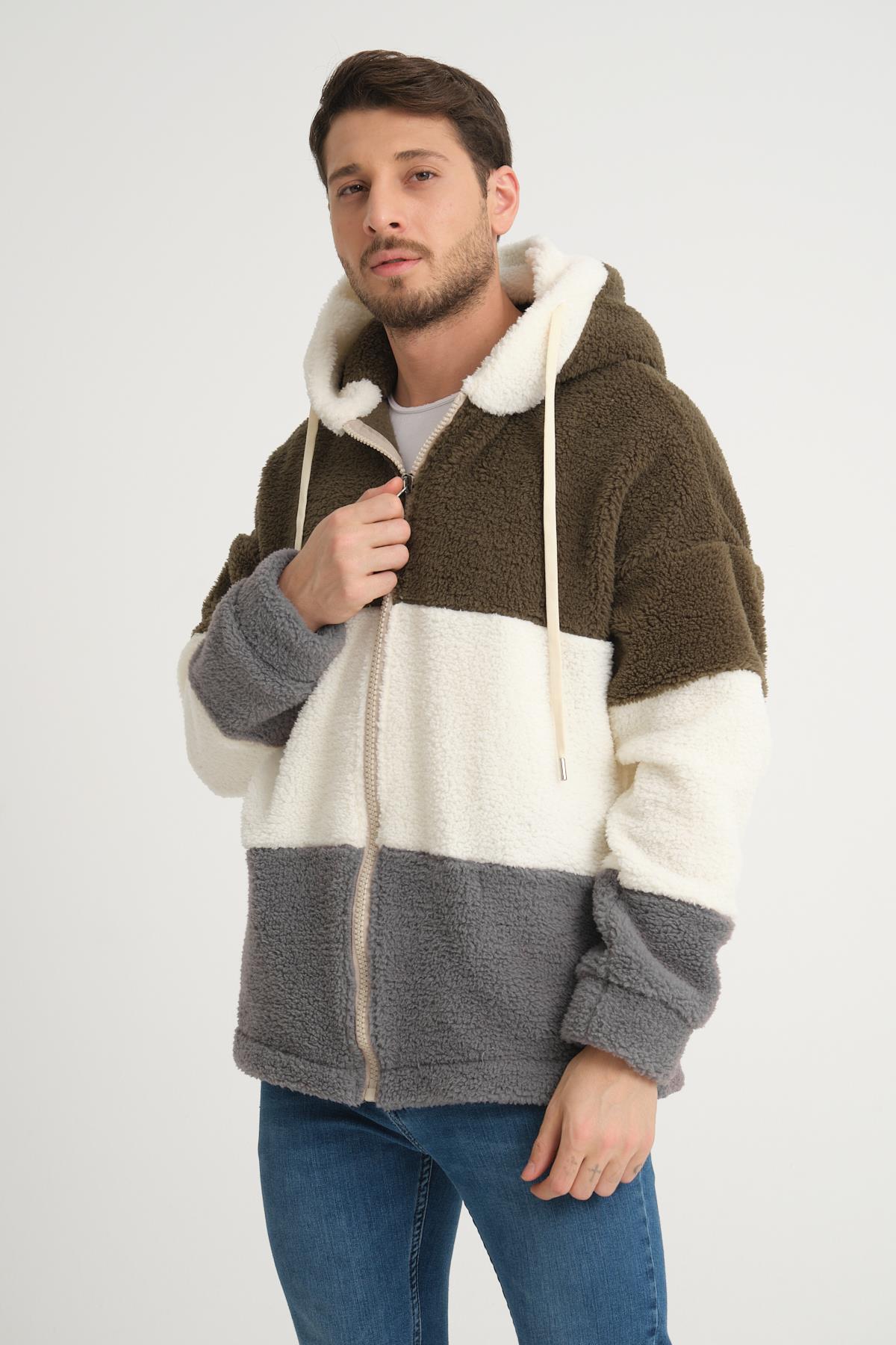 R-2428 Üç Renk Garni Detaylı Fermuarlı Şardonlu Peluş