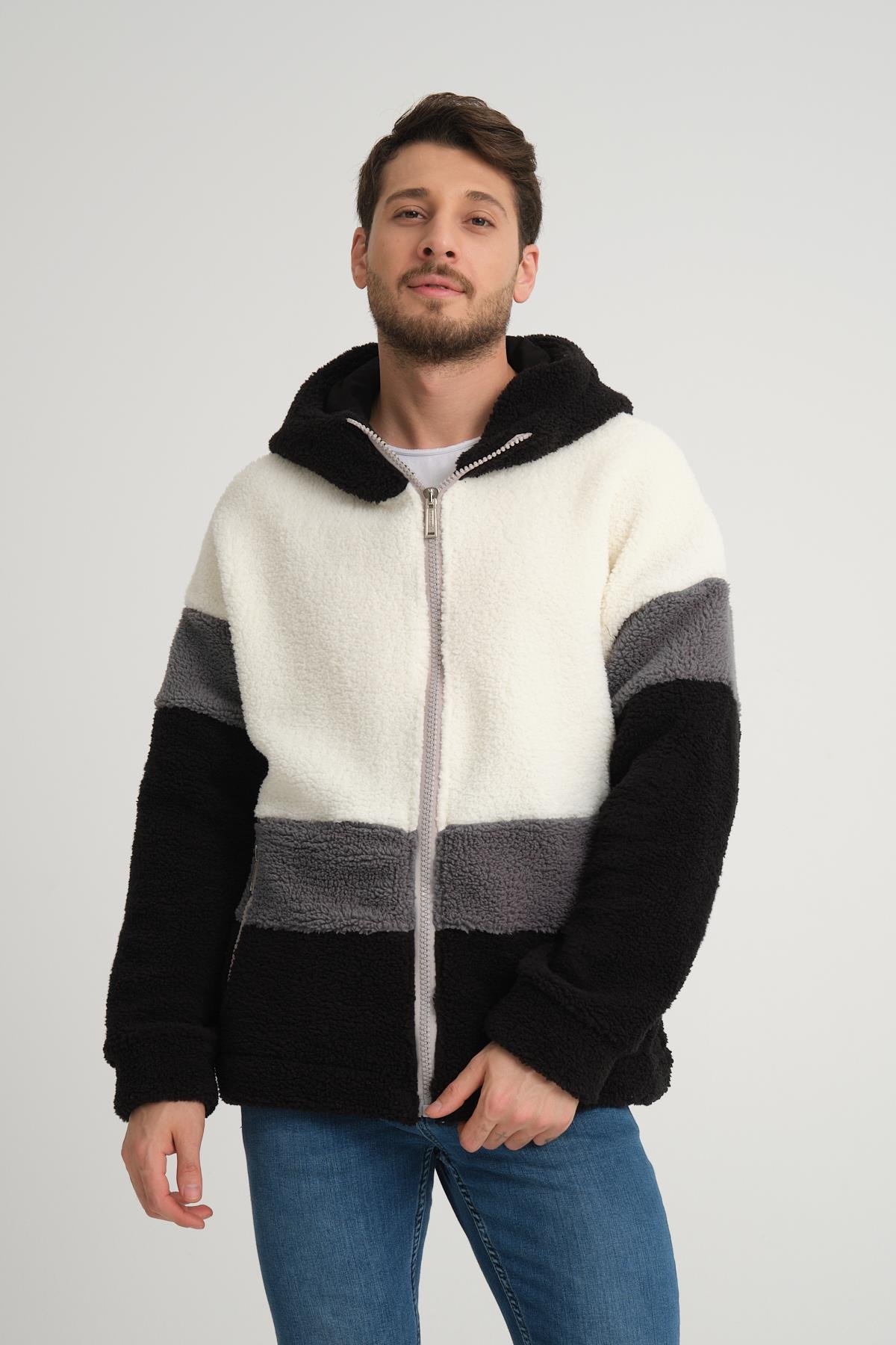 R-2430 Üç Renk Garni Detaylı Fermuarlı Peluş Mont