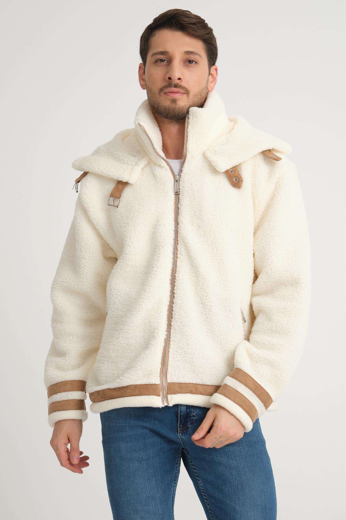 R-2431 Çift Yakalı Garni Detaylı Şardonlu Peluş Mont