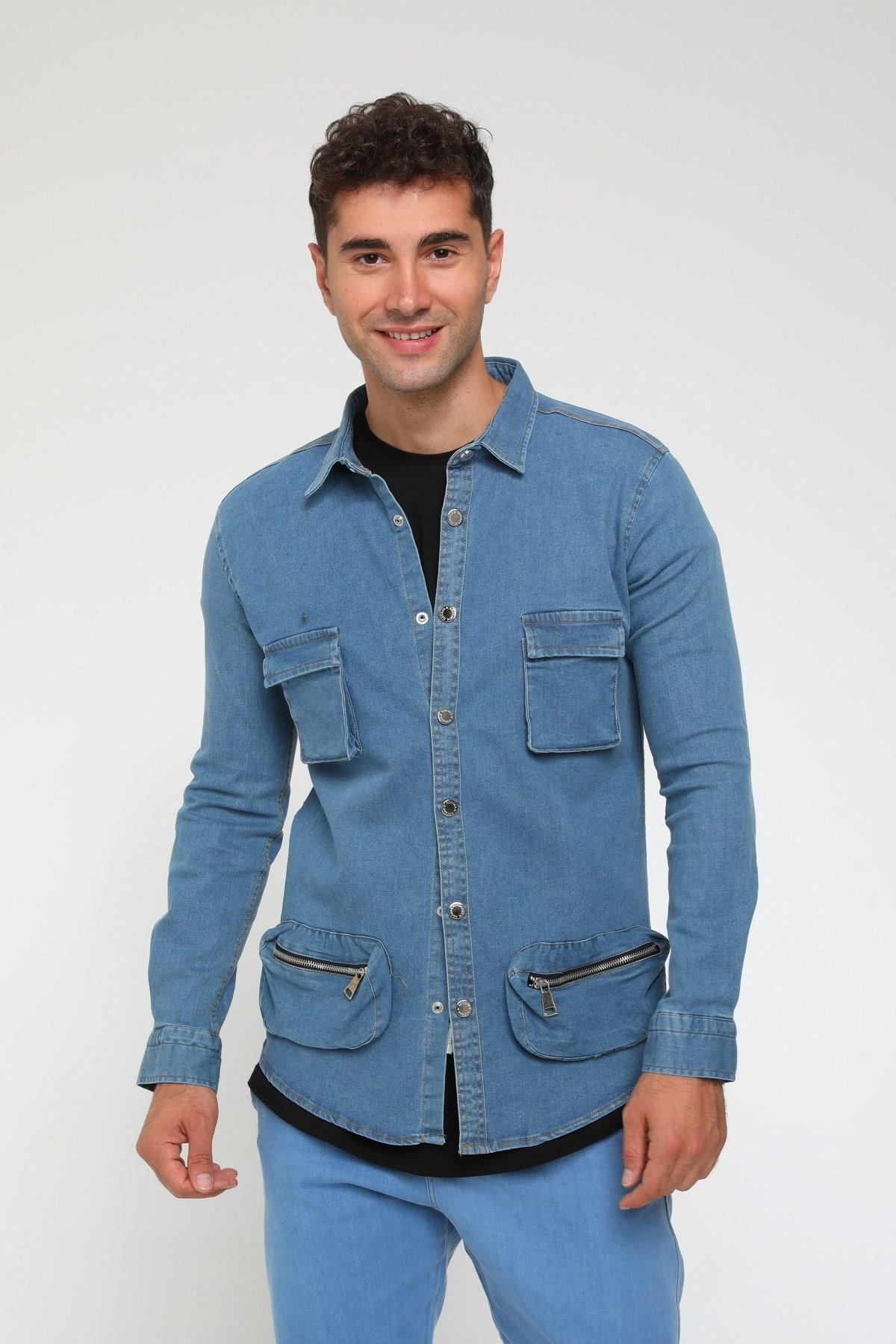 R-3076 KARGO CEPLİ KOT GÖMLEK