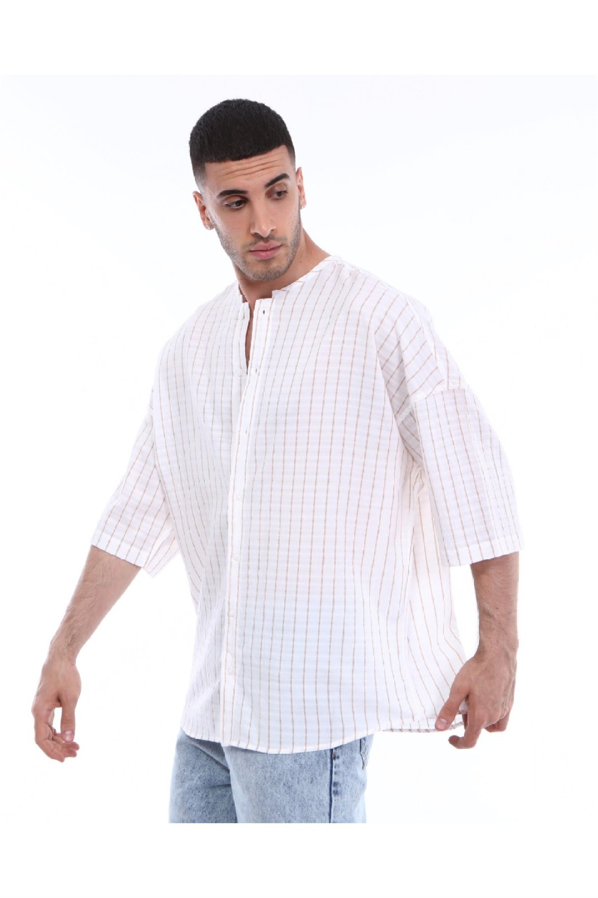 R-3319 YAKASI BİYELİ ÇİZGİLİ OVERSİZE KISA KOLLU GÖMLEK