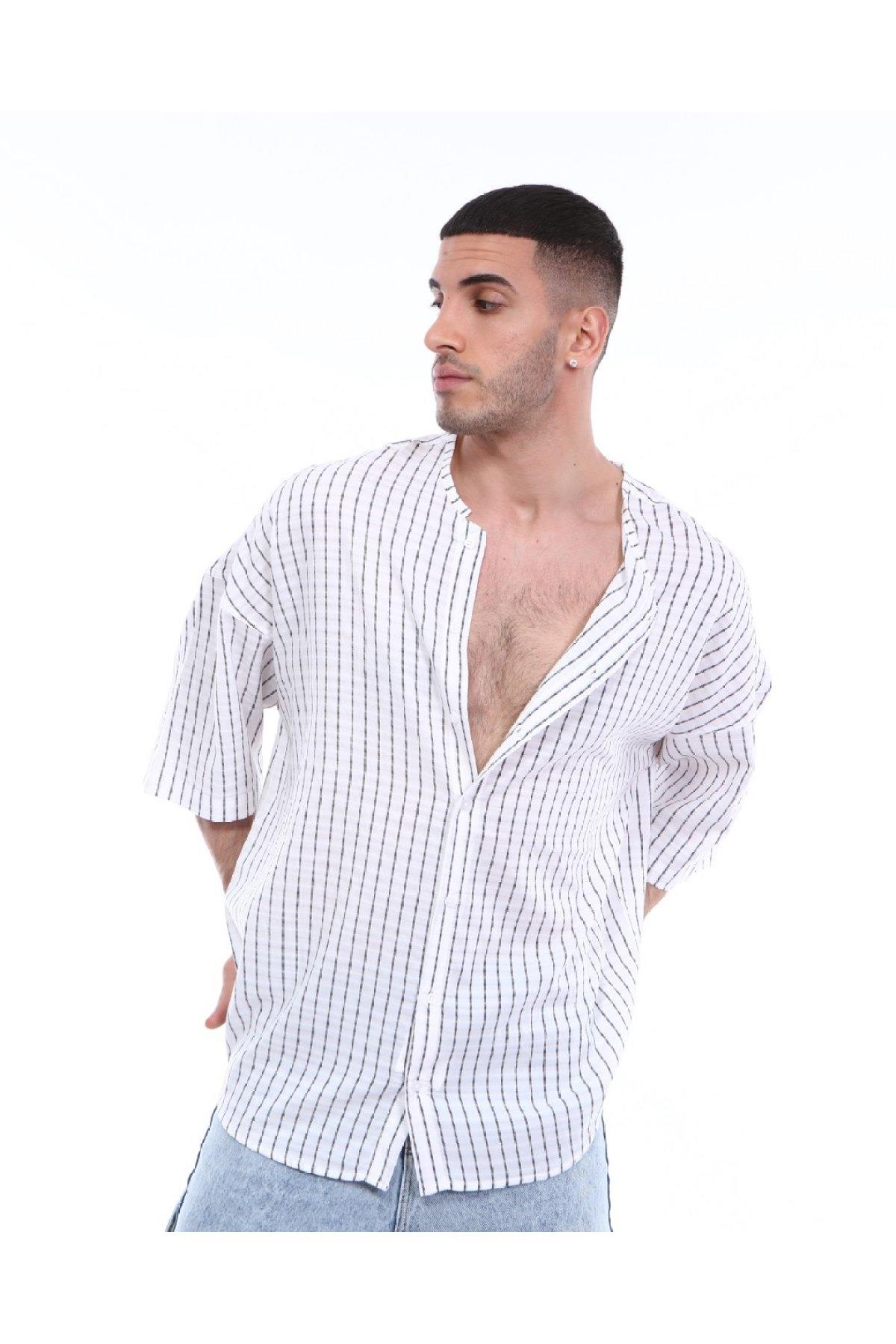 R-3319 YAKASI BİYELİ ÇİZGİLİ OVERSİZE KISA KOLLU GÖMLEK