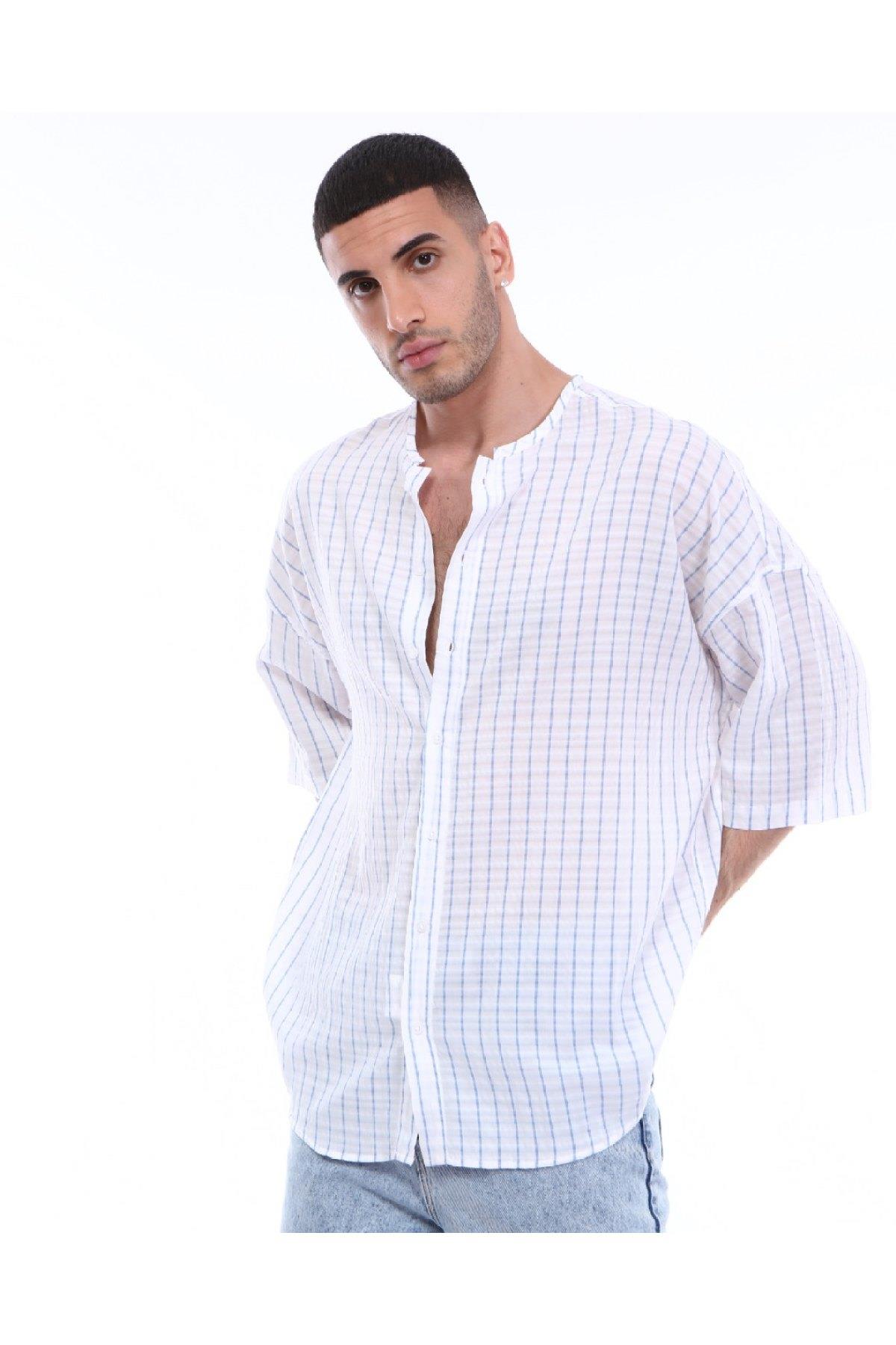 R-3319 YAKASI BİYELİ ÇİZGİLİ OVERSİZE KISA KOLLU GÖMLEK