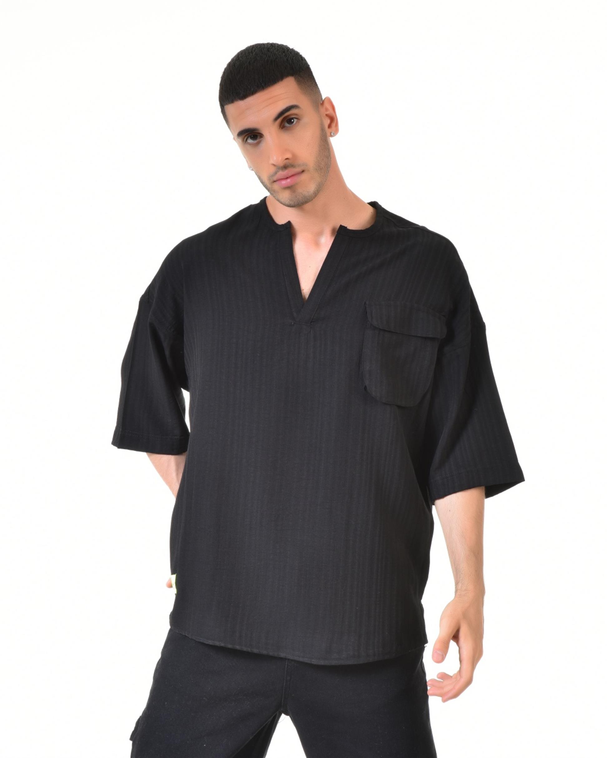 R-3323 Torba Cep Detaylı Biye Yakalı Çizgili Oversize Gömlek