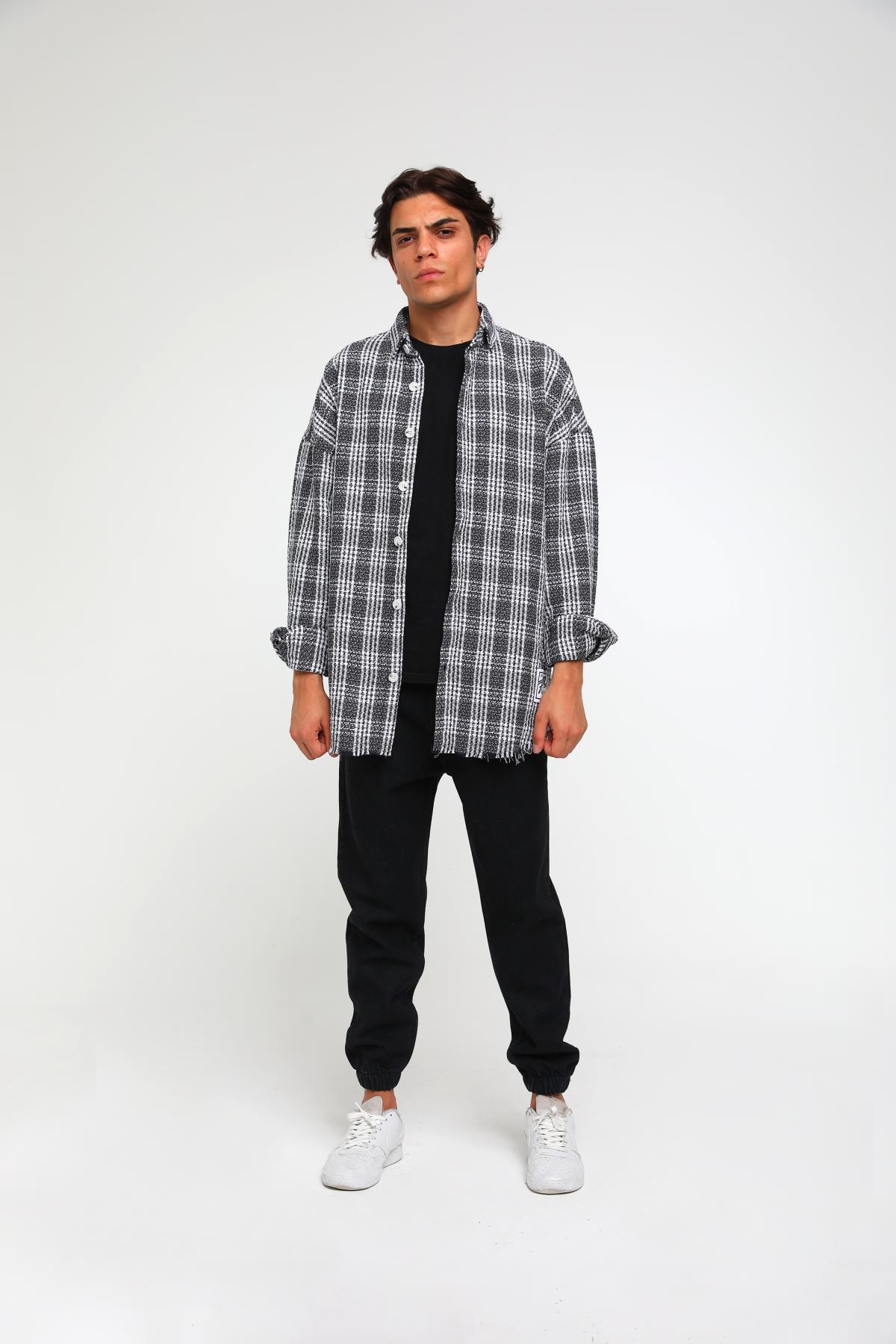 R-3475 Eteği Pis Dikiş Detaylı Oversize Oduncu Gömlek