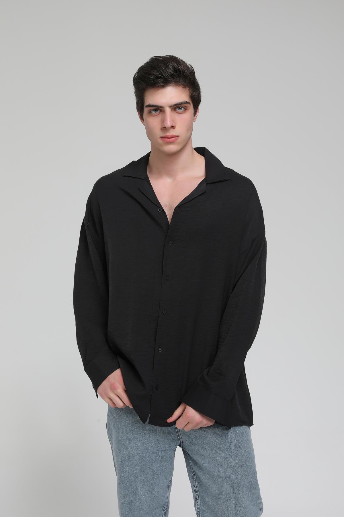 R-3575 Apaş Yaka Uzun Kollu Aerobin Kumaş Oversize Gömlek