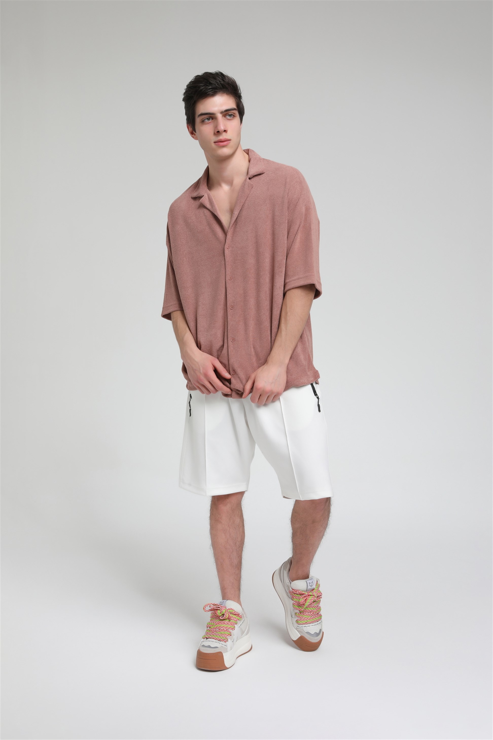 R-3584 Oversize Apaş Yaka Havlu Kumaş Gömlek