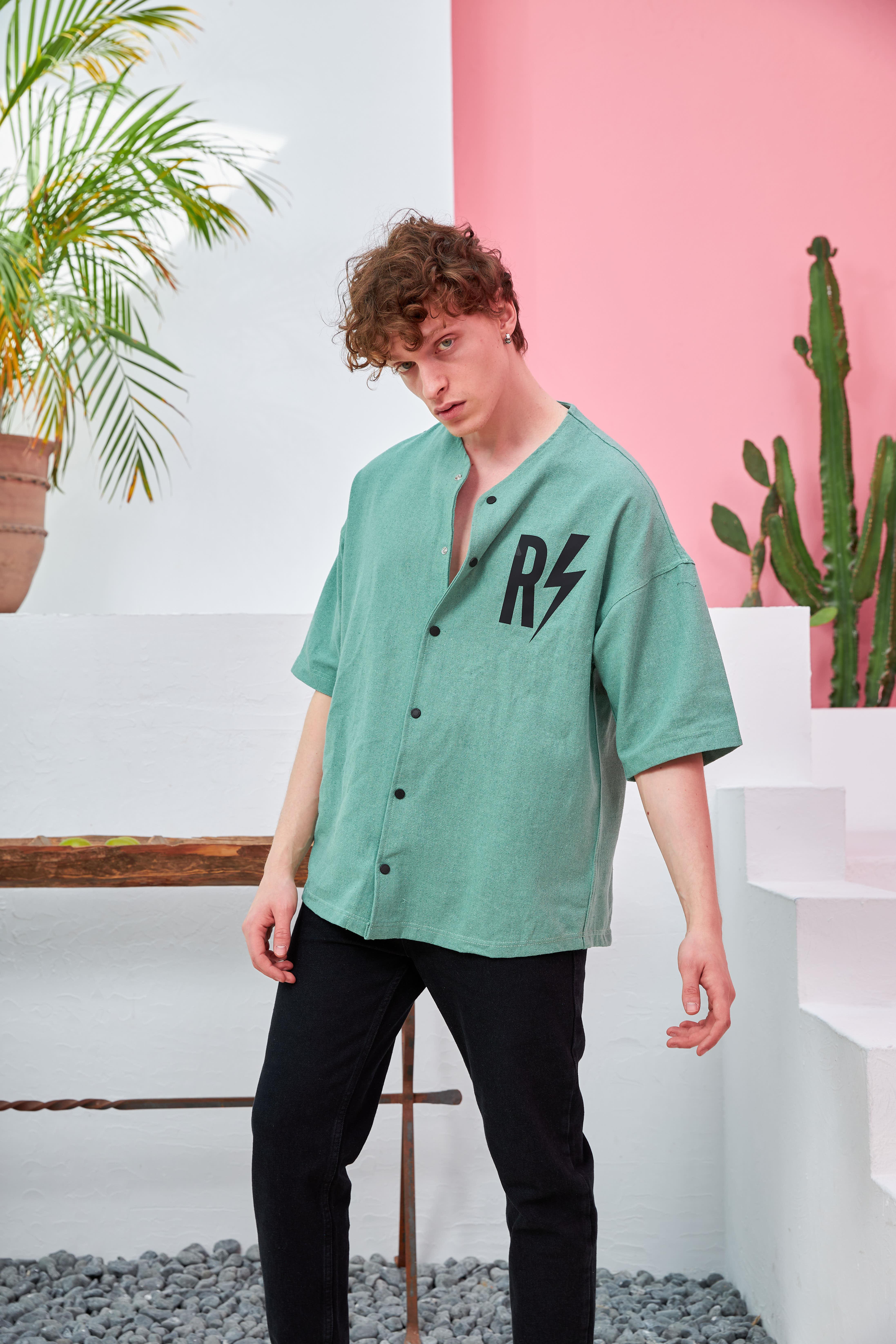 R-3641 Kısa Kol Pervaz Yaka Oversize Keten Gömlek