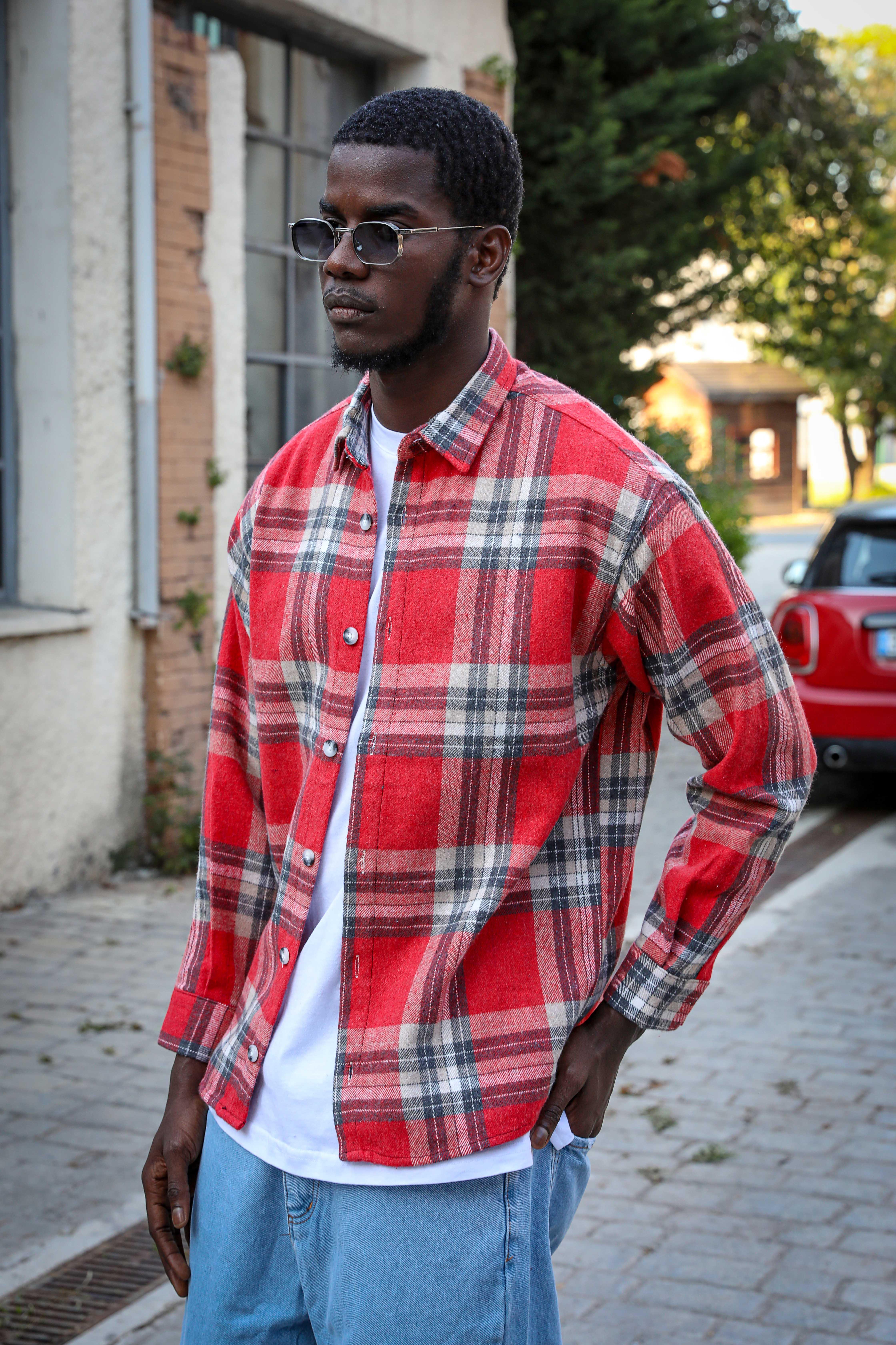 R-3799 Ayaklı Yaka Uzun Kol Hafif Oversize Ekose Gömlek