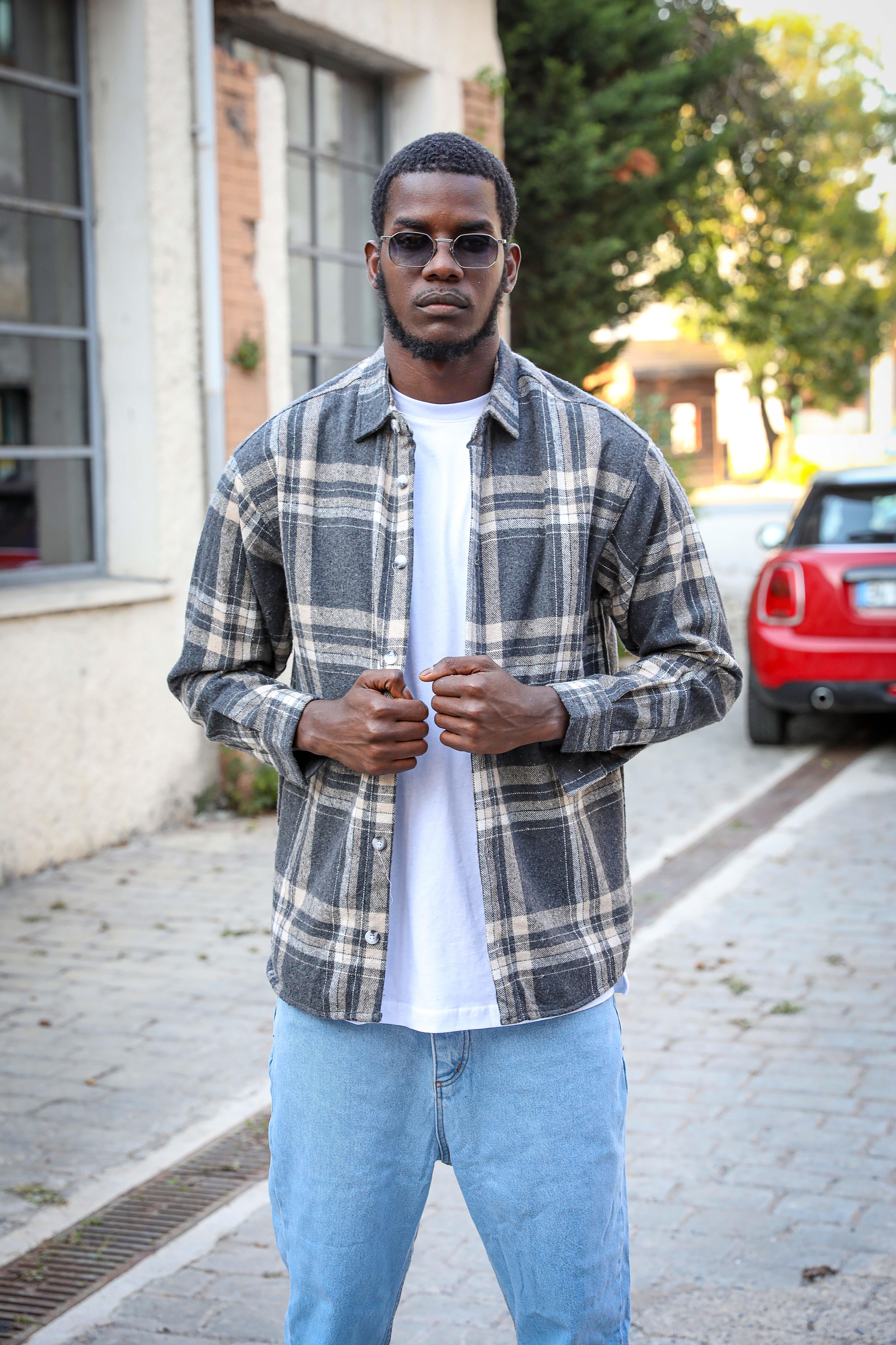 R-3799 Ayaklı Yaka Uzun Kol Hafif Oversize Ekose Gömlek