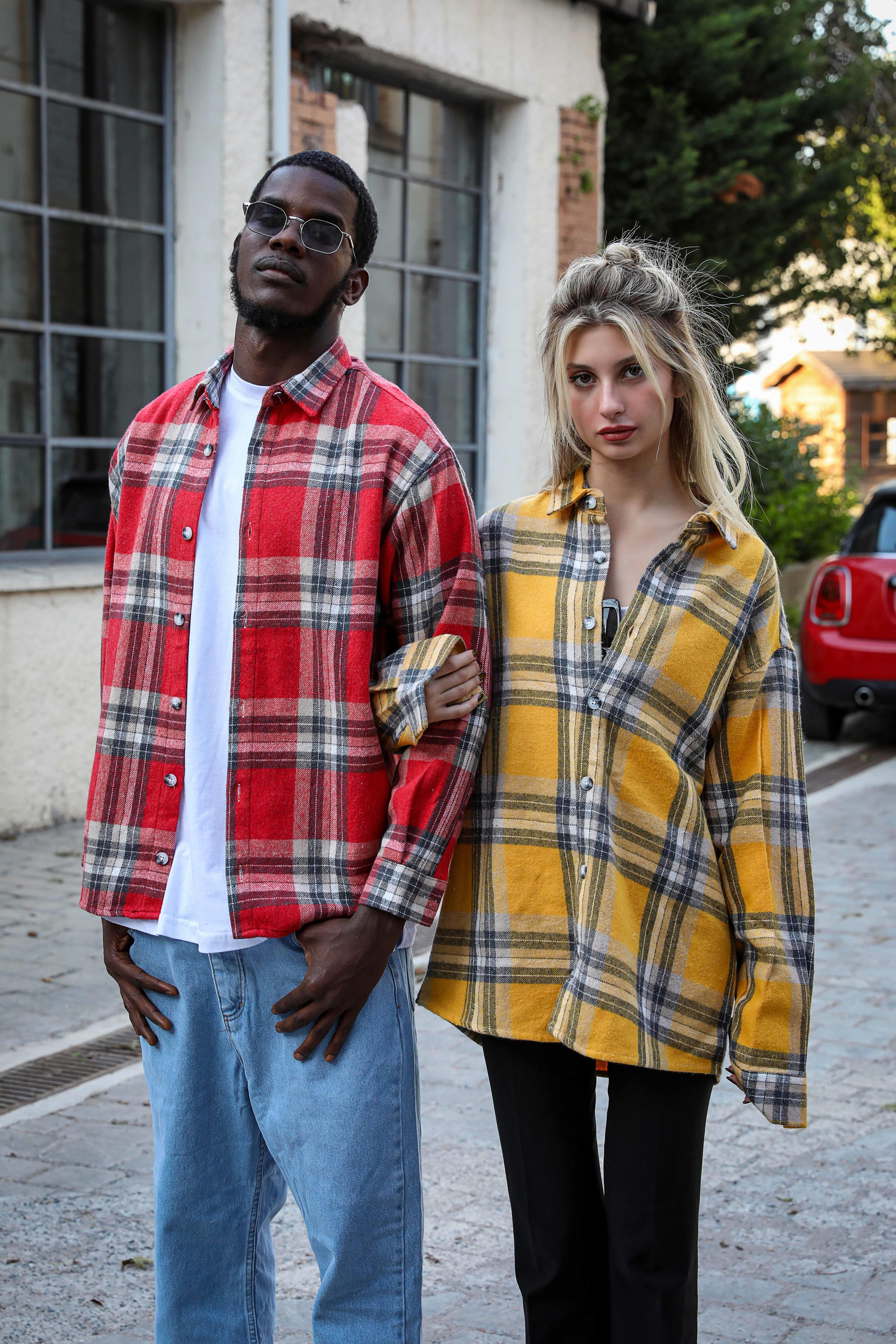 R-3799 Ayaklı Yaka Uzun Kol Hafif Oversize Ekose Gömlek