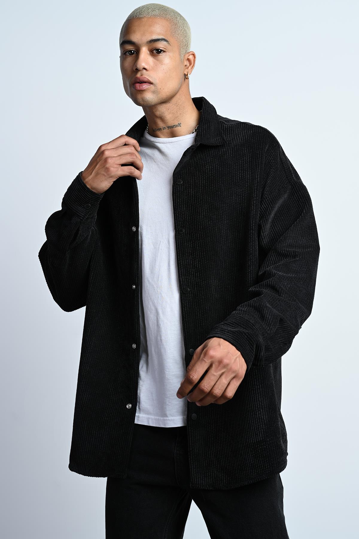 R-3826 Ayaklı Yaka Oversize Fitilli Kadife Gömlek
