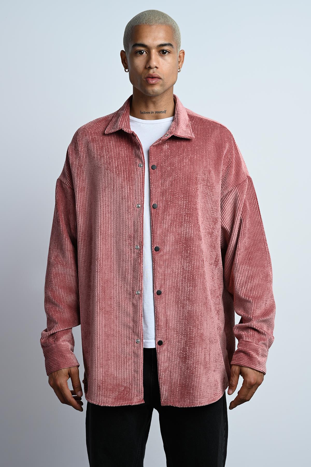 R-3826 Ayaklı Yaka Oversize Fitilli Kadife Gömlek
