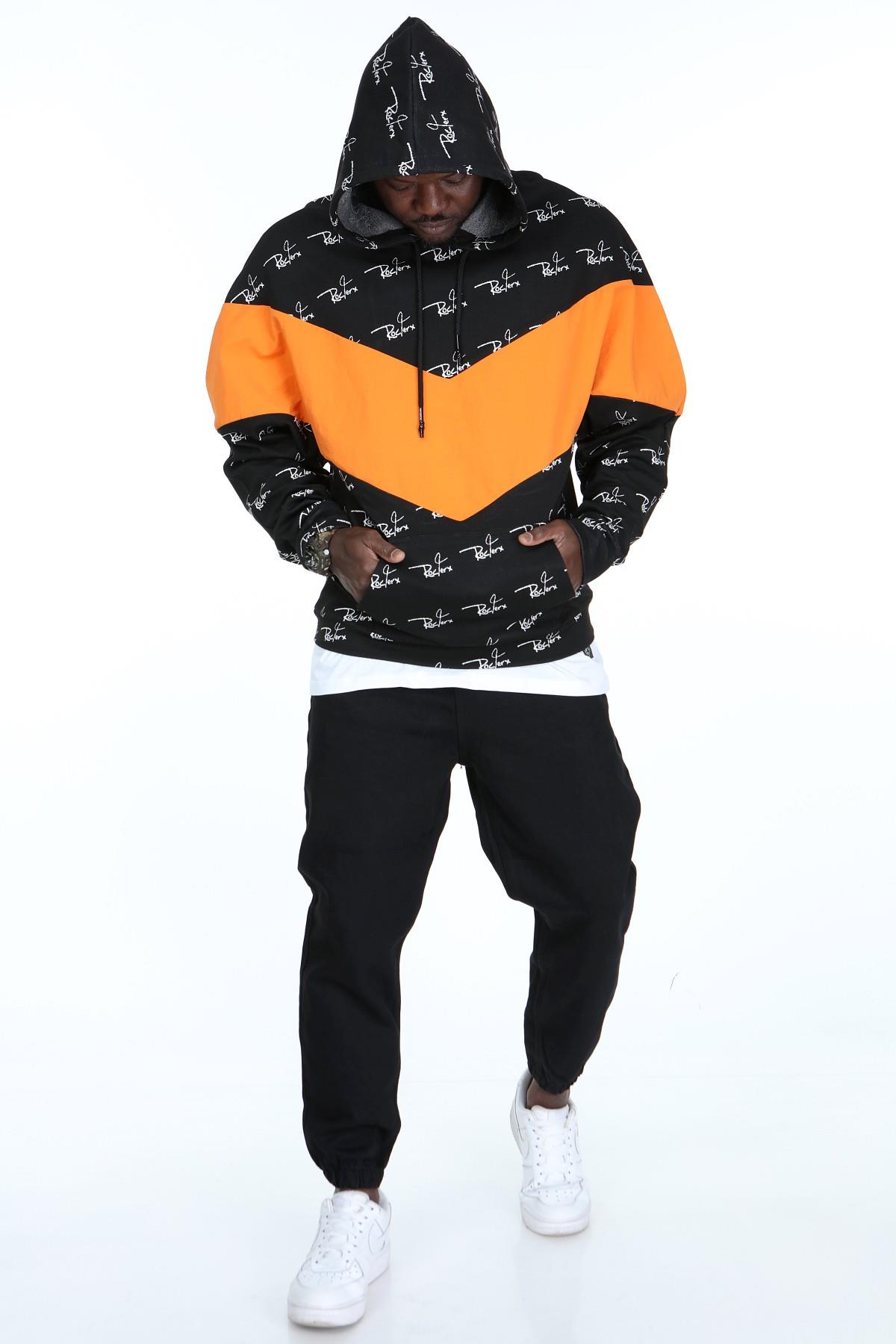 R-5158 RocqerX Baskılı Oranj Garnili Kapüşonlu Sweatshirt