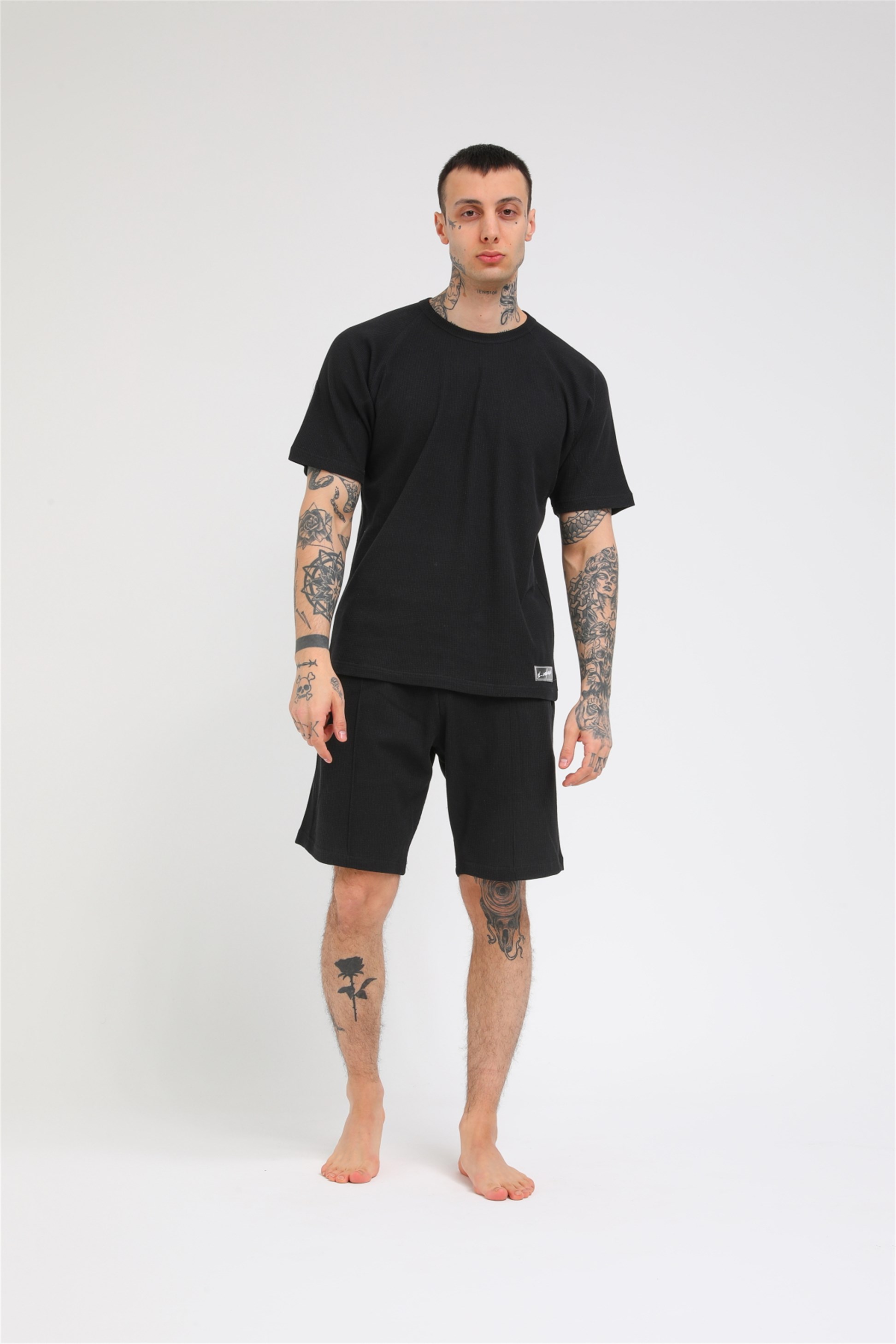 R-5257 REGLAN KOLLU WAFFLE ŞORTLU TAKIM