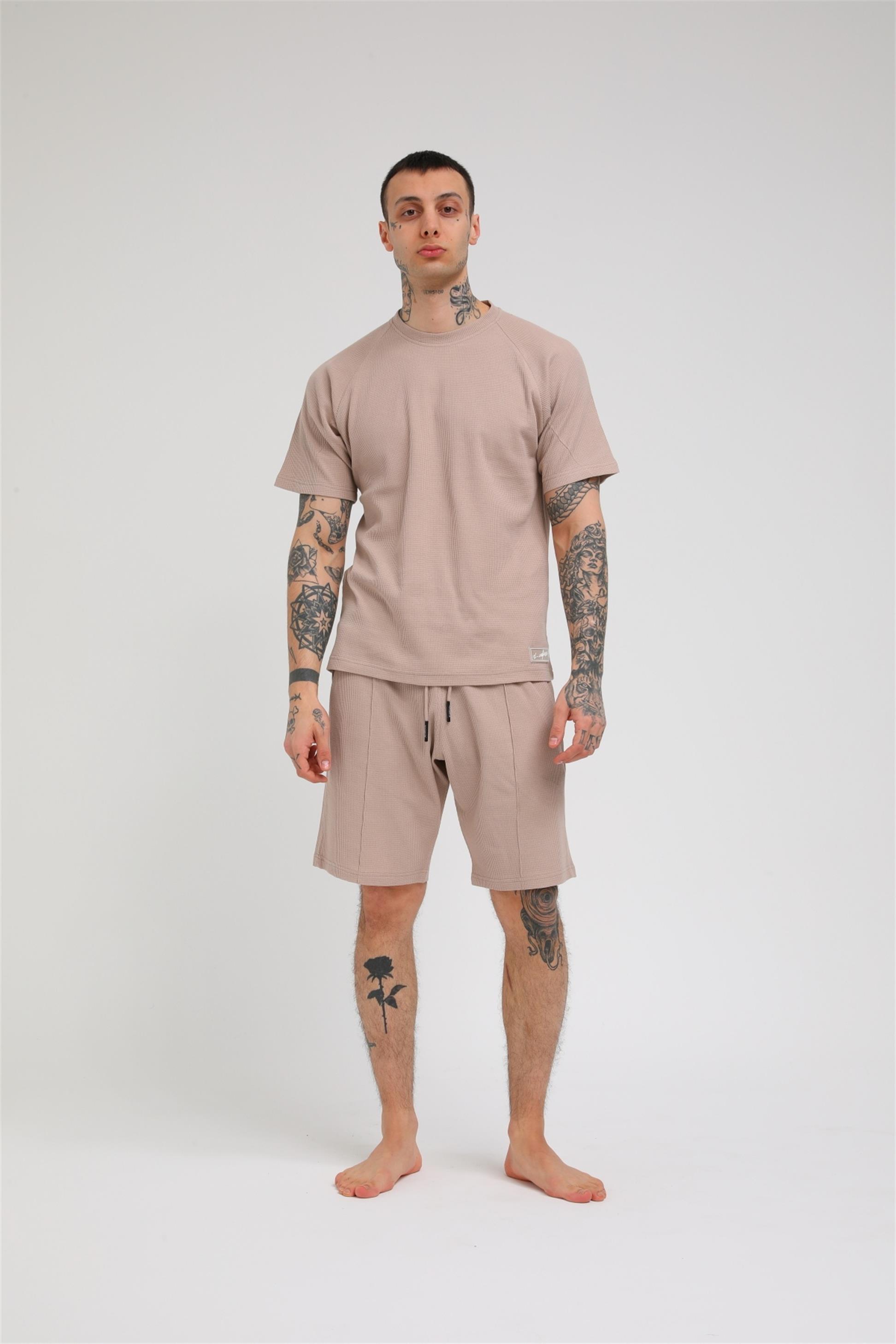 R-5257 REGLAN KOLLU WAFFLE ŞORTLU TAKIM