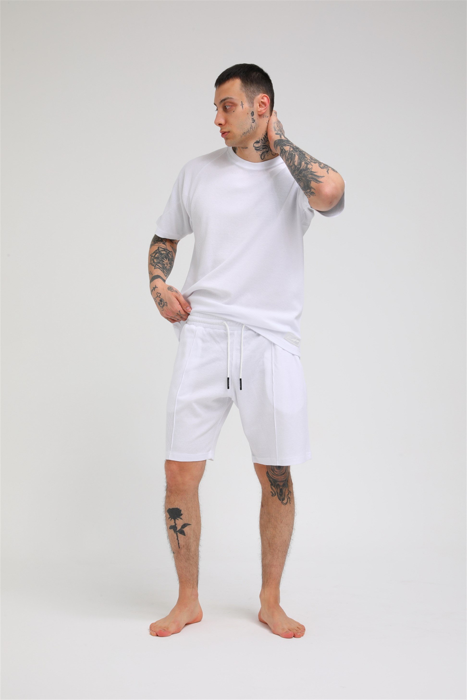R-5257 REGLAN KOLLU WAFFLE ŞORTLU TAKIM
