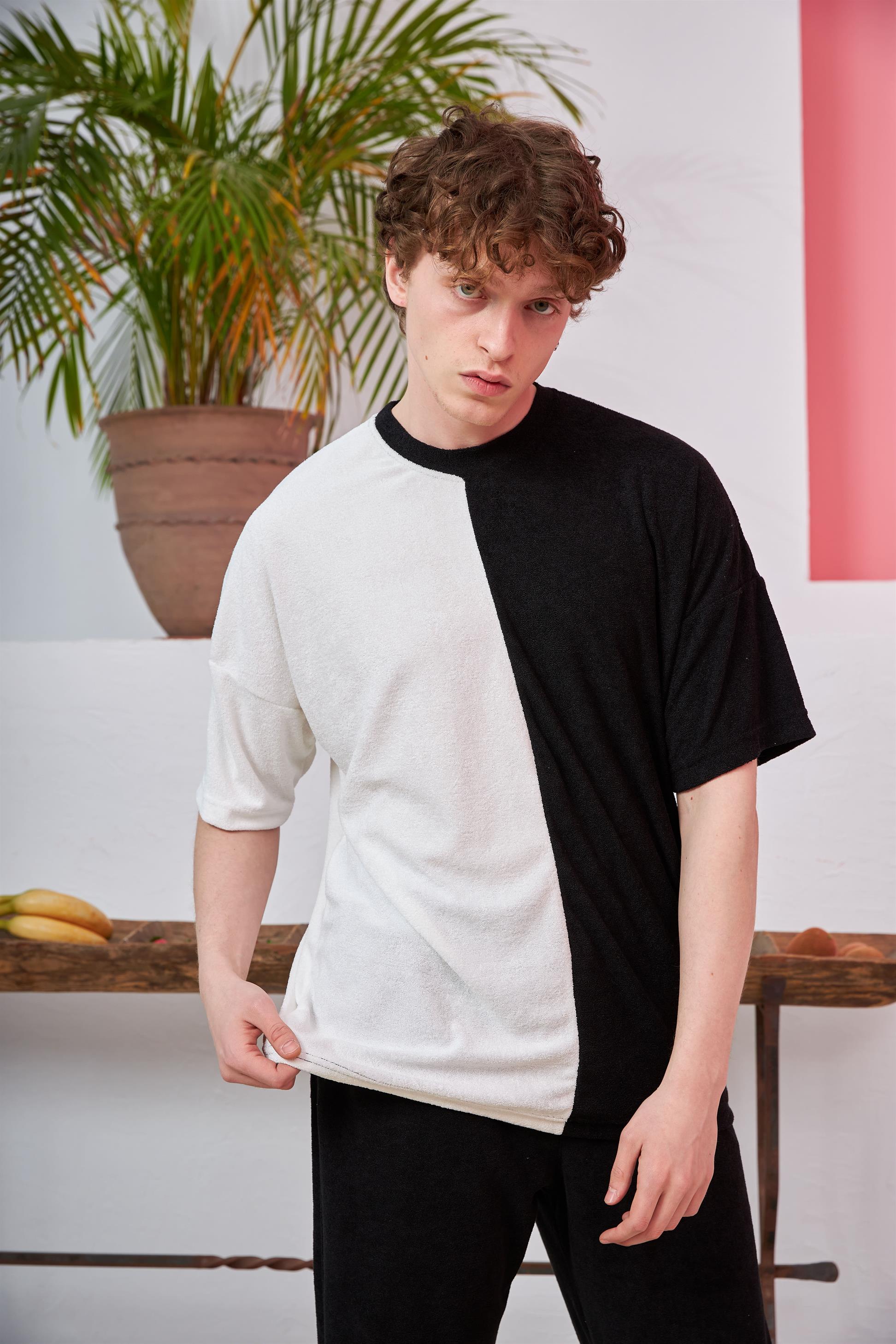 R-5565 İki Renkli Oversize Havlu Kumaş T-shirt