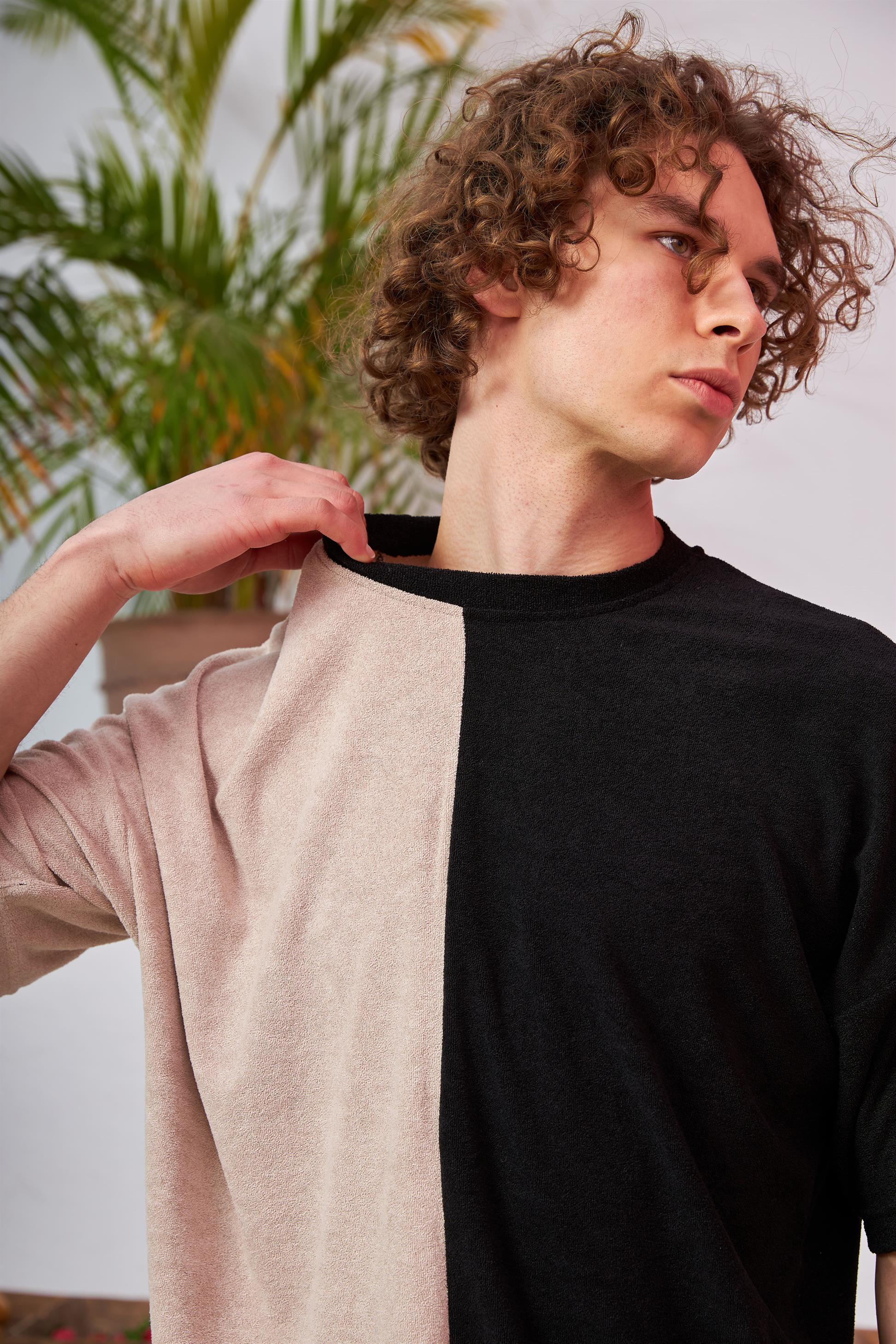 R-5565 İki Renkli Oversize Havlu Kumaş T-shirt