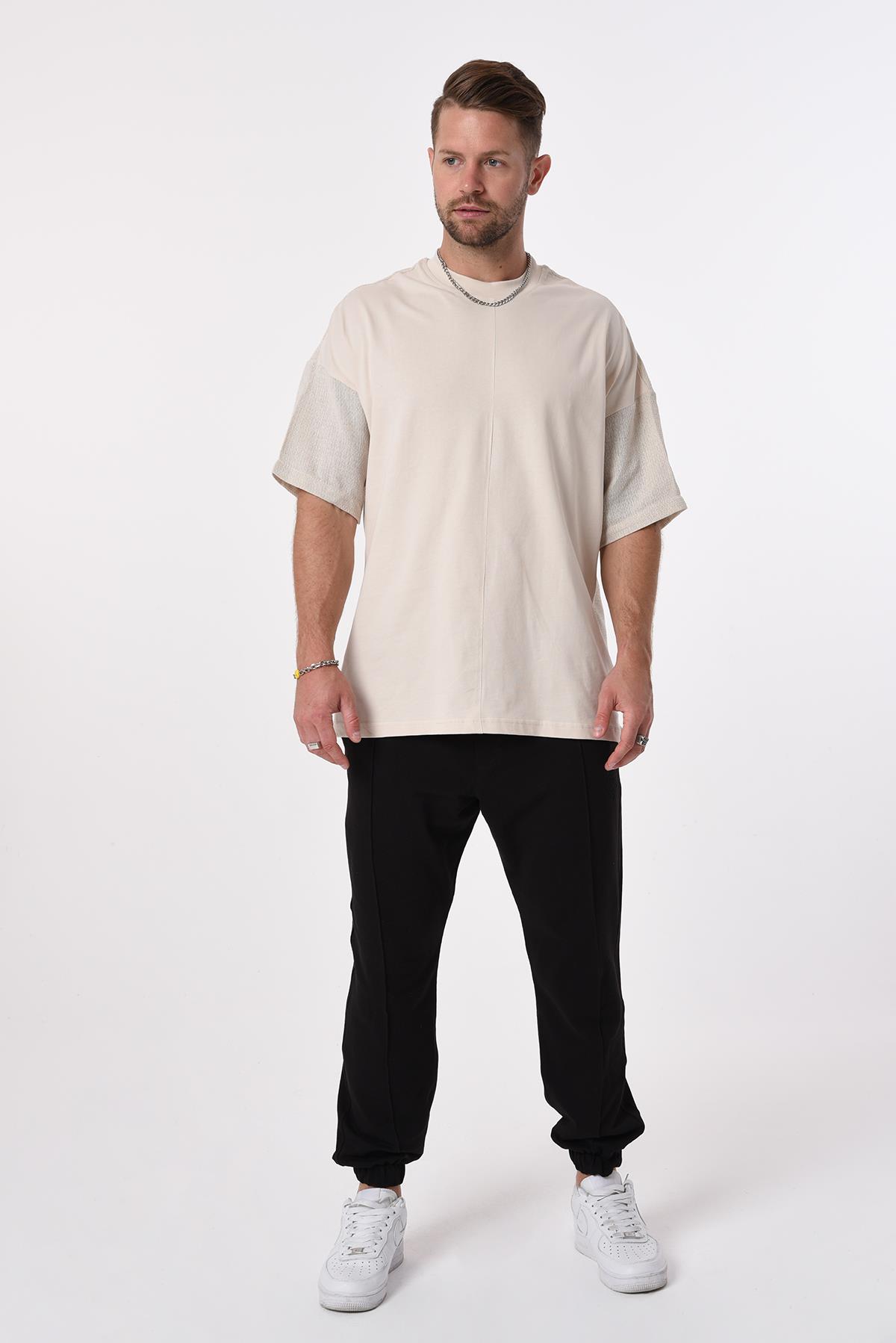 R-5619 Önü Penye Kolu Ve Arkası Keten Tshirt